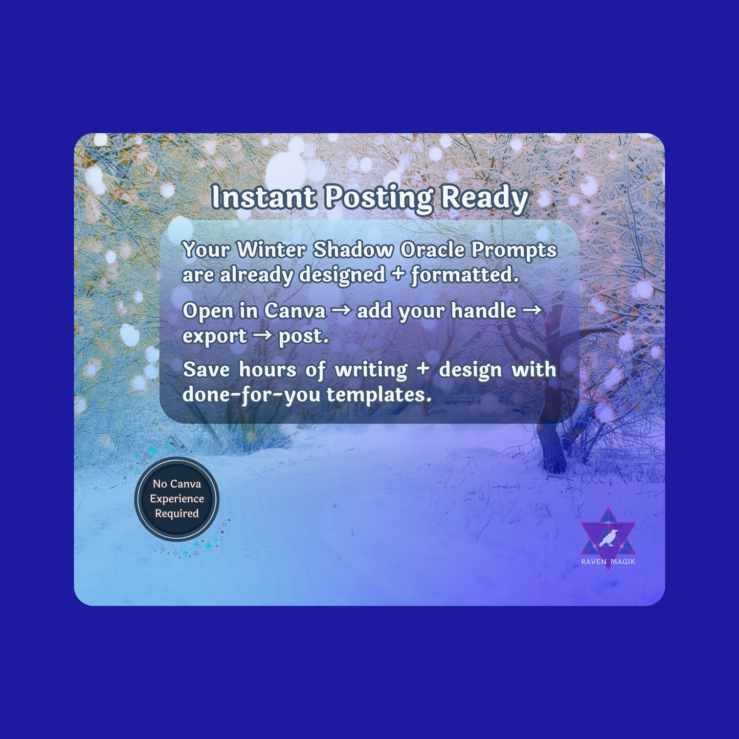 Winter-themed card with text about instant posting ready templates on a blue background