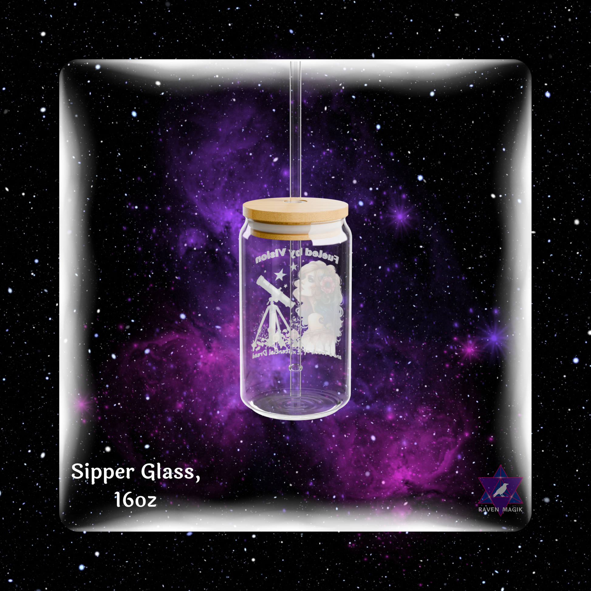 Glass sipper with wooden lid on a starry space-themed background