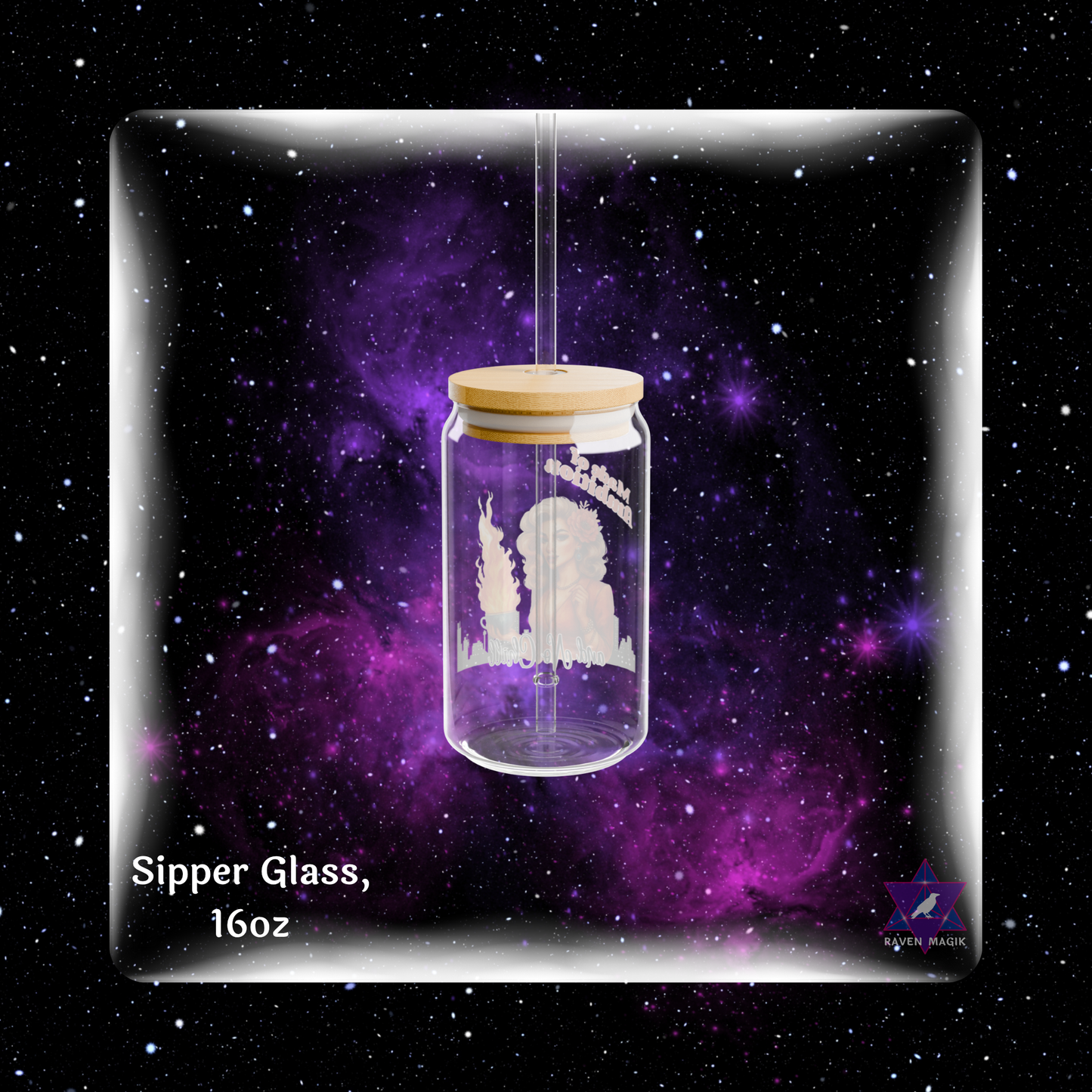 Glass sipper with wooden lid against a starry space background