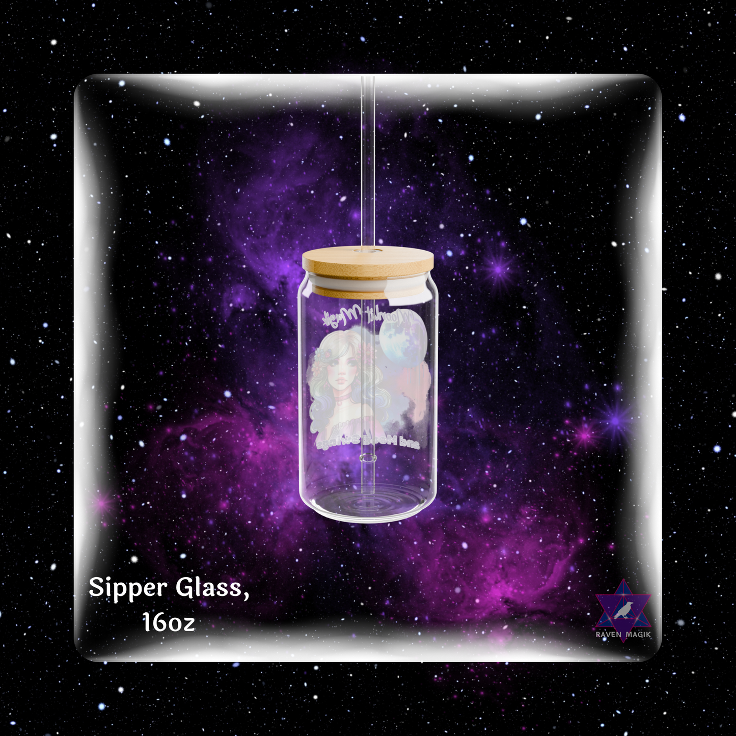Glass sipper with wooden lid on a starry space background