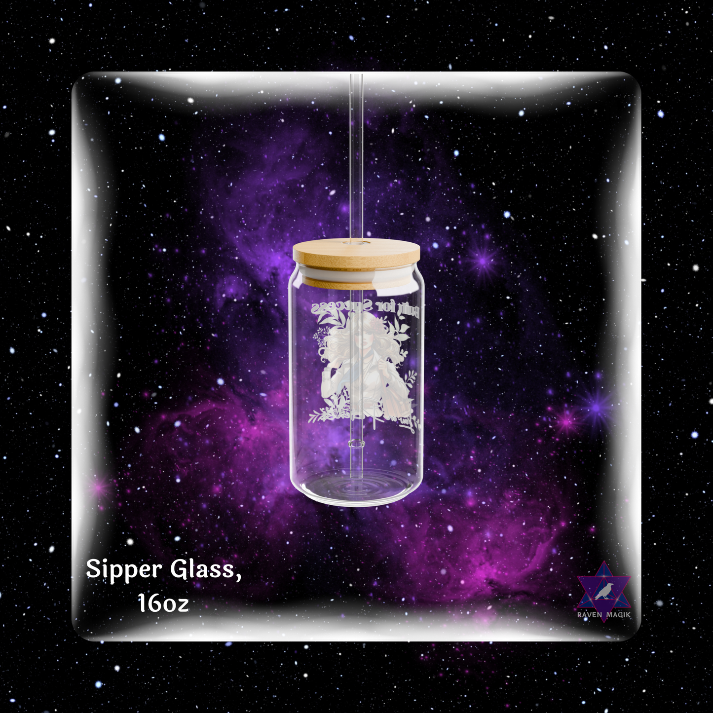 Glass sipper with wooden lid against a starry space background