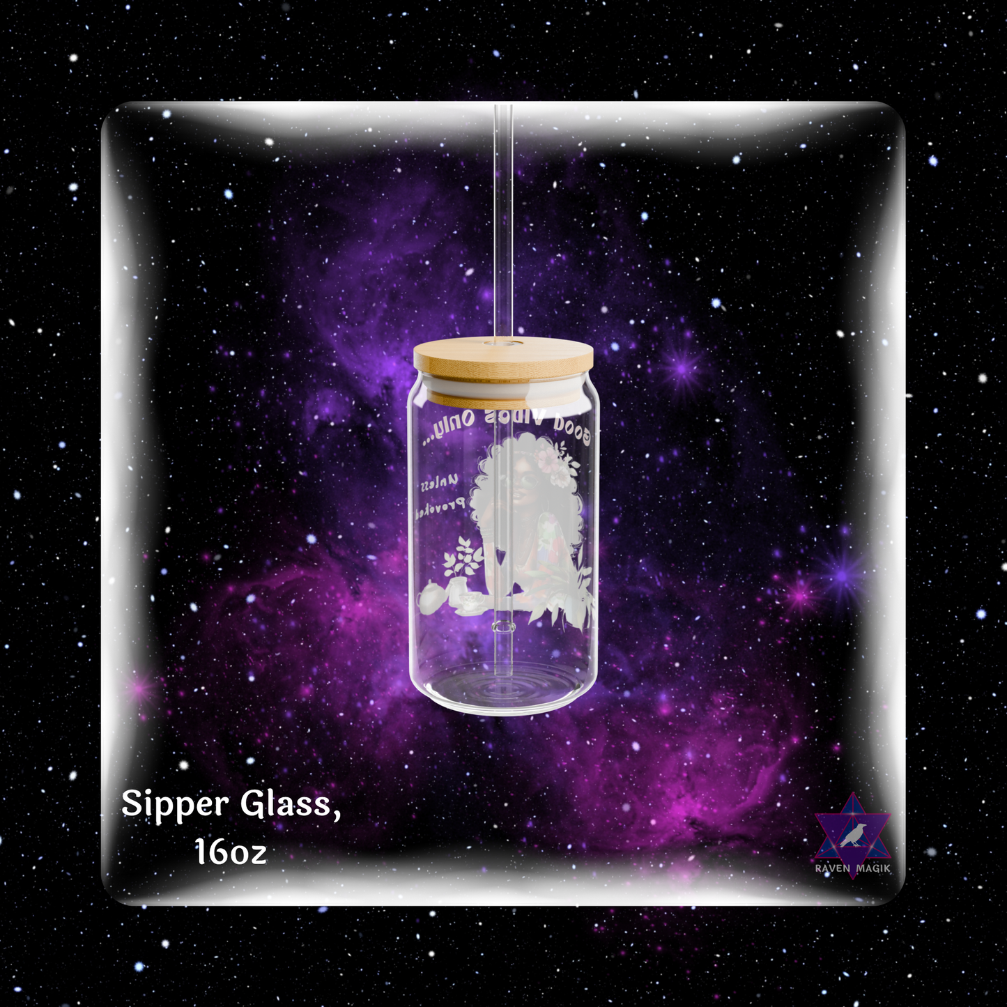 Glass sipper with wooden lid on a starry background