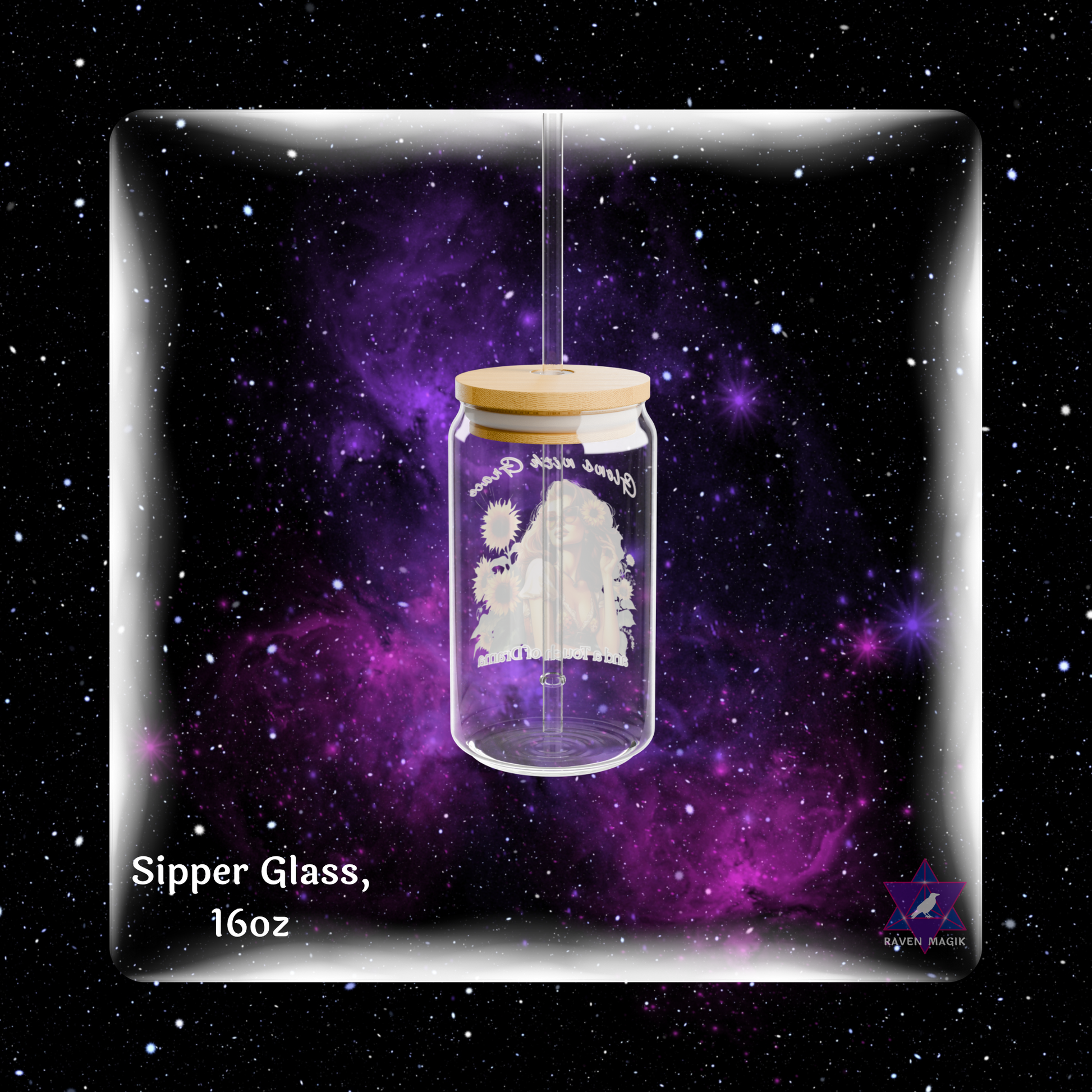 Glass sipper with wooden lid against a starry space-themed background