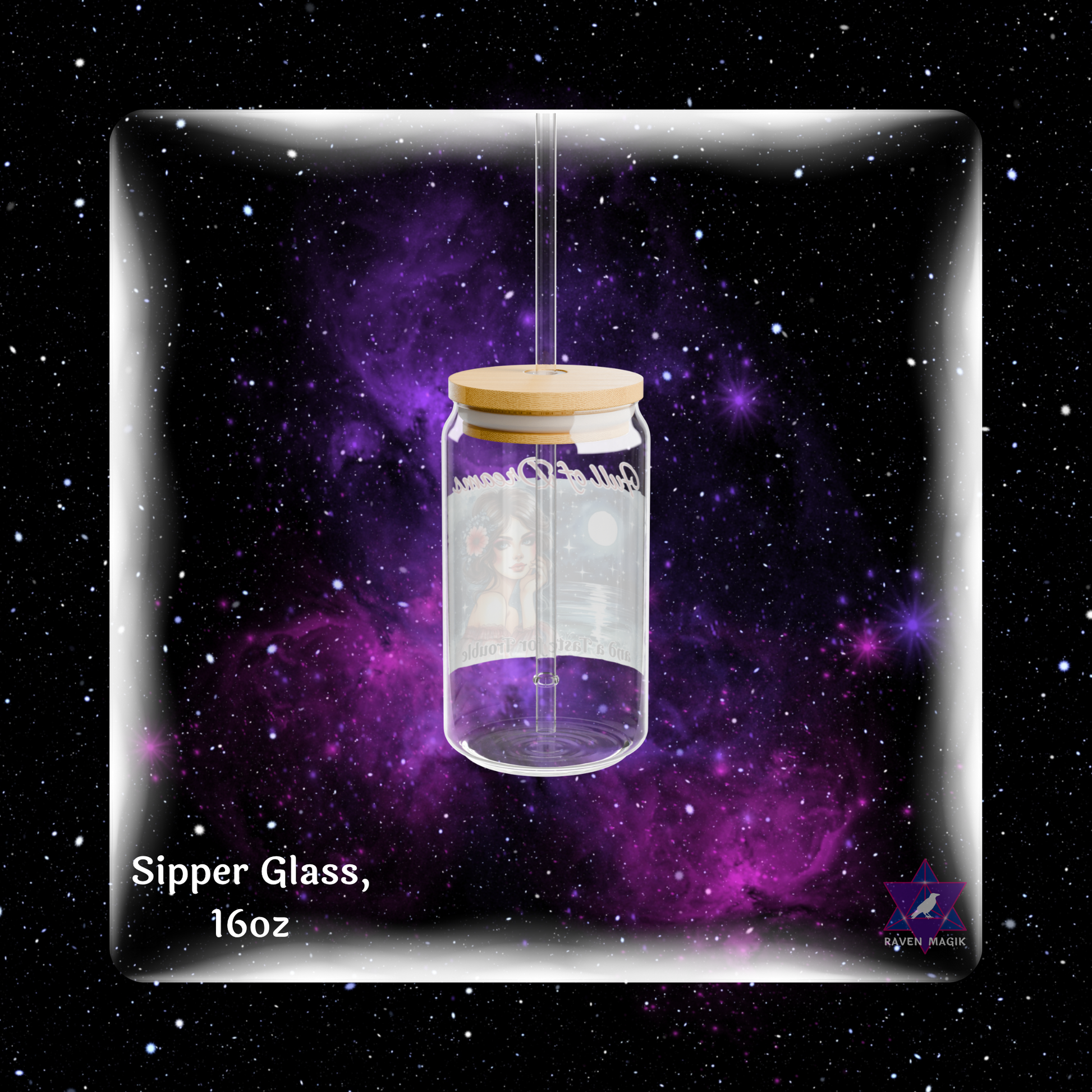 Glass sipper with wooden lid against a starry space background