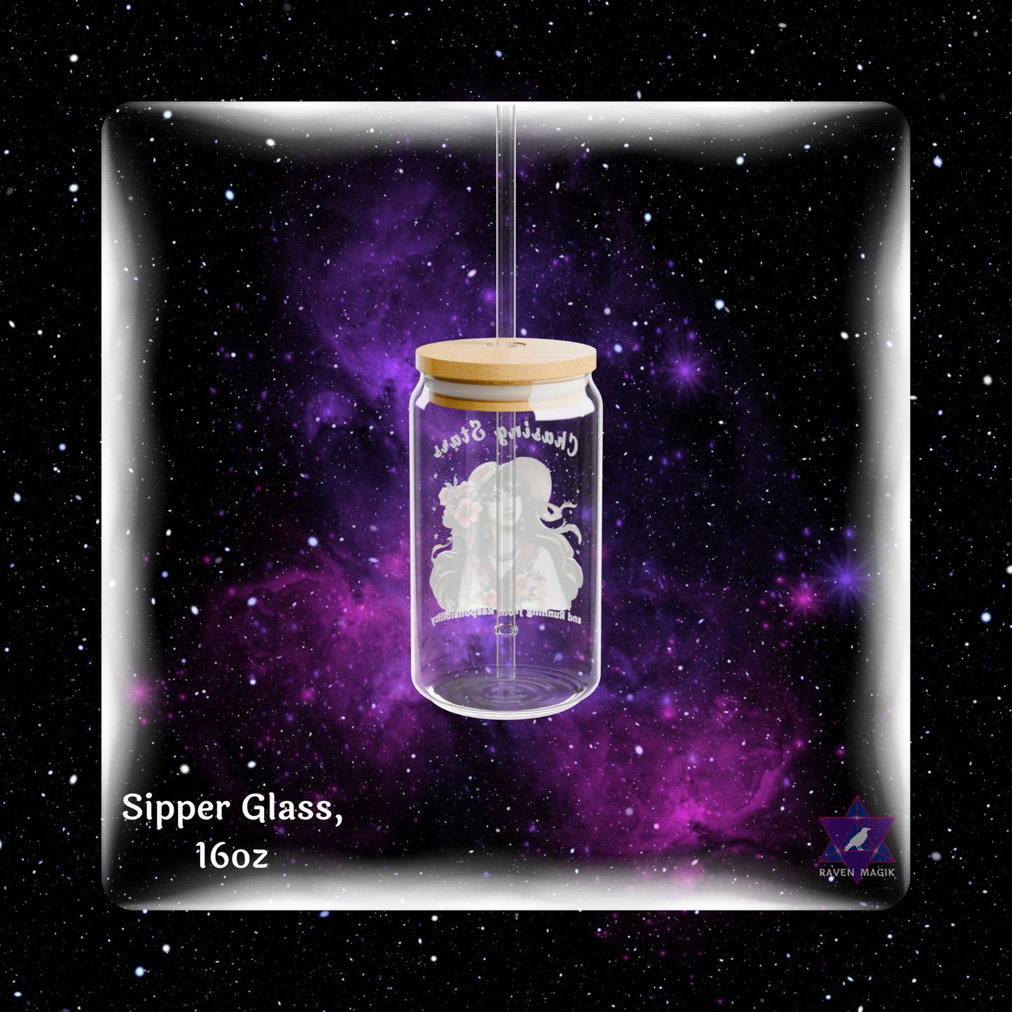 Glass sipper with wooden lid on a starry background