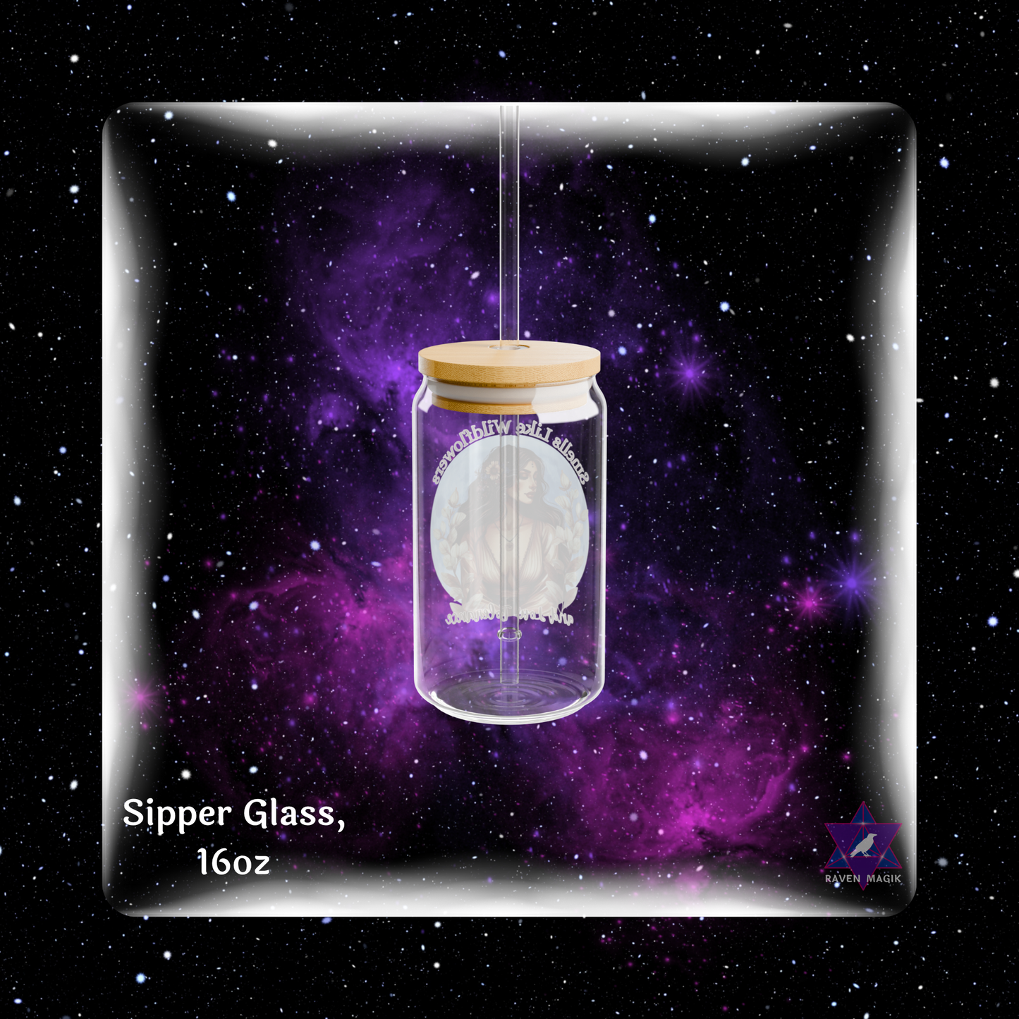 Glass sipper with wooden lid on a starry background