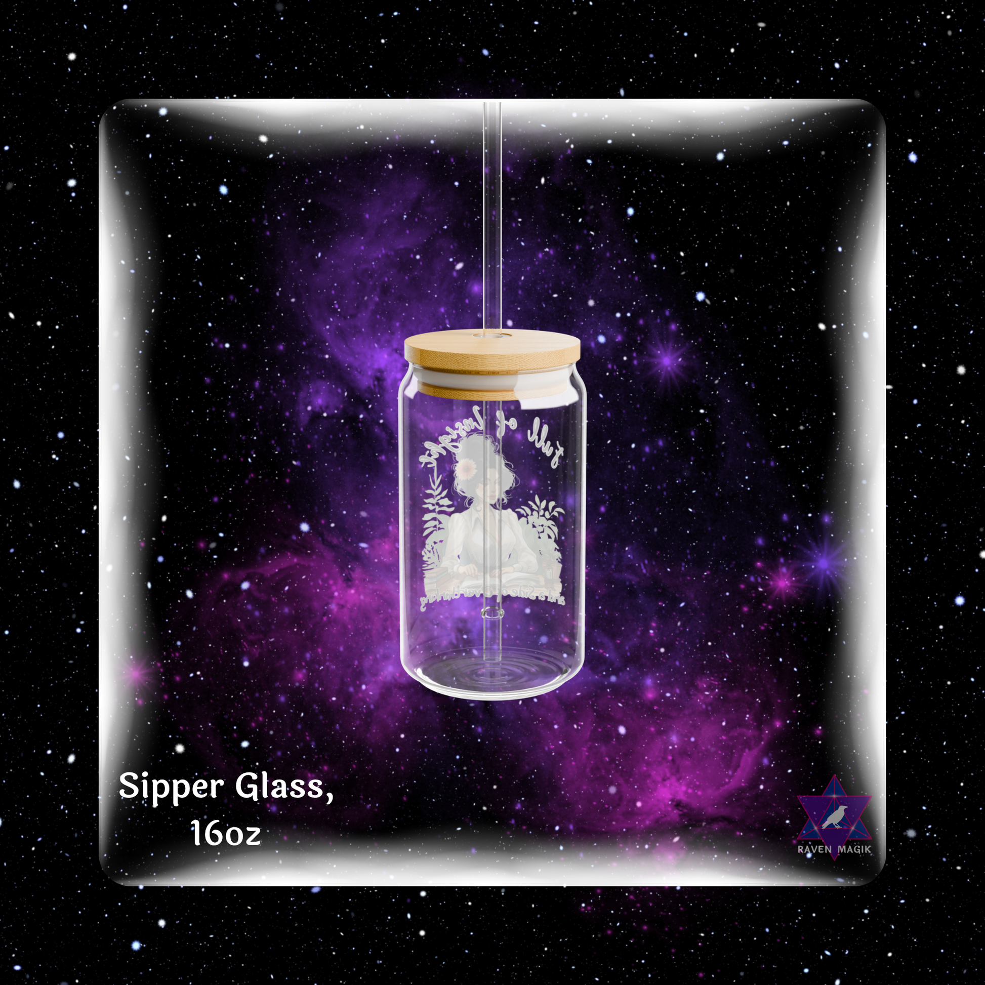 Glass sipper with wooden lid against a starry space background