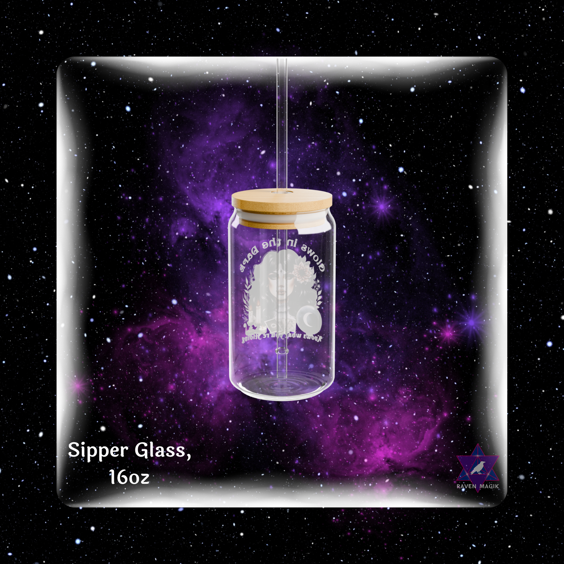 Glass sipper with wooden lid on a starry space-themed background