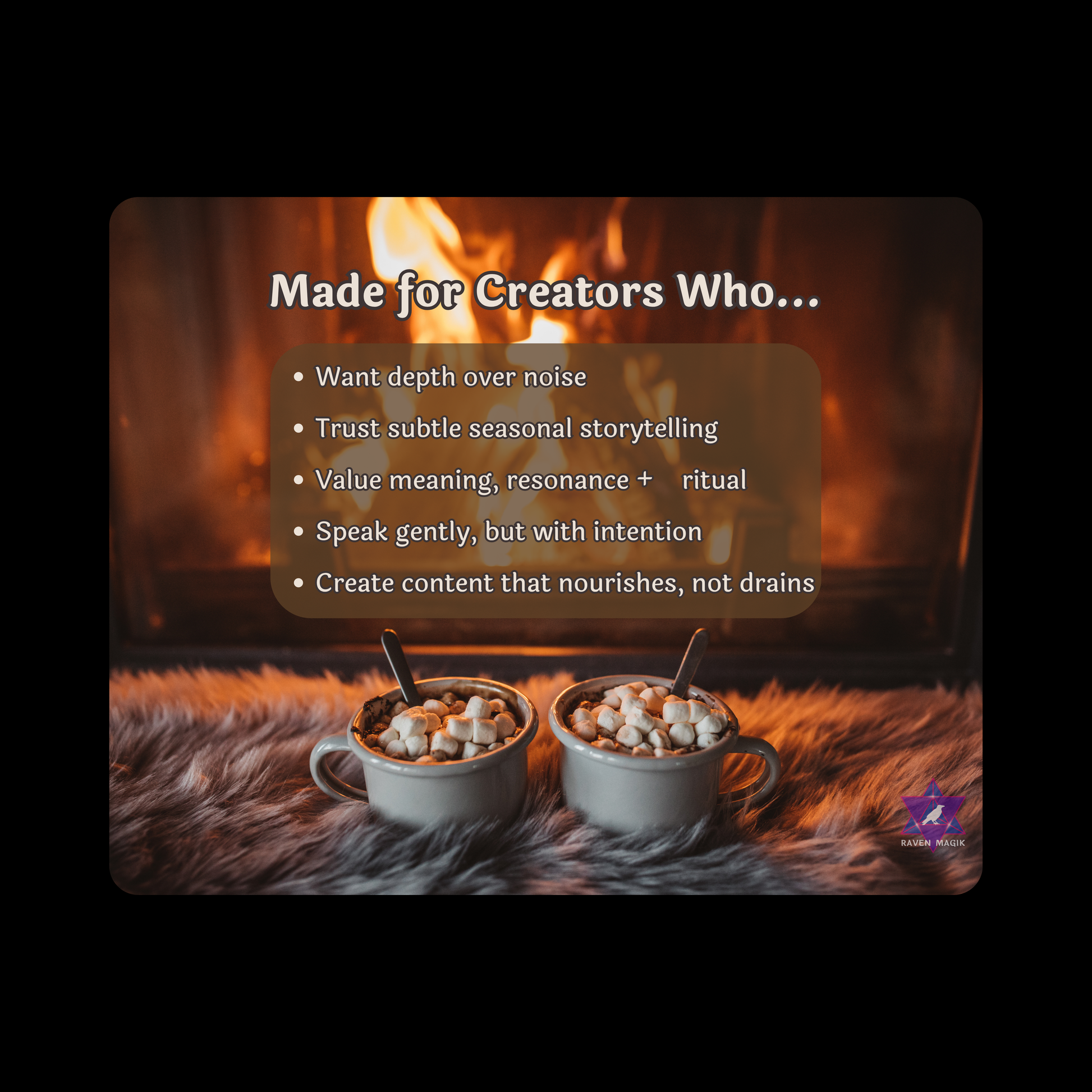Two cups of hot chocolate with marshmallows on a fur surface in front of a fireplace, with text overlay.
