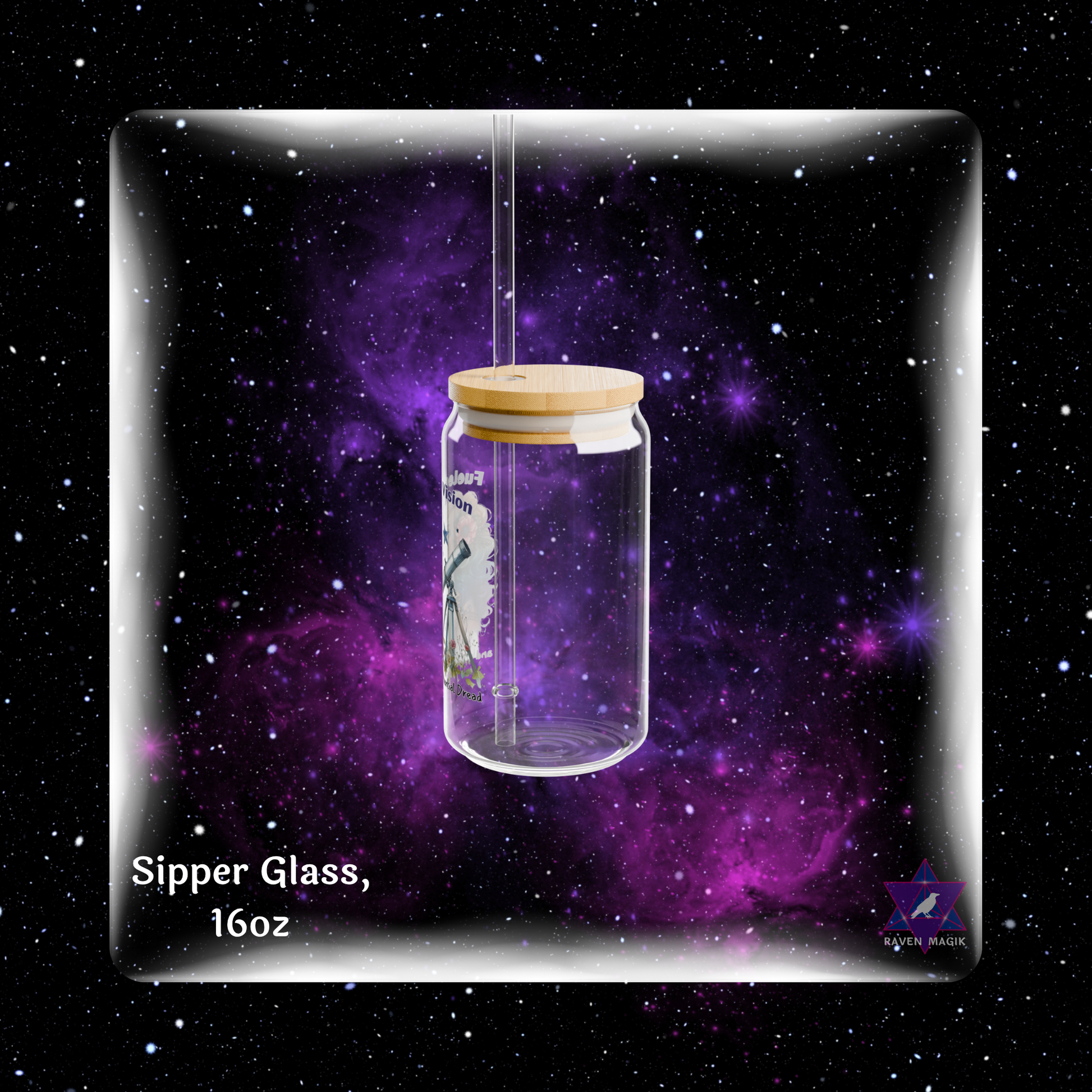 Glass sipper with wooden lid against a starry space background