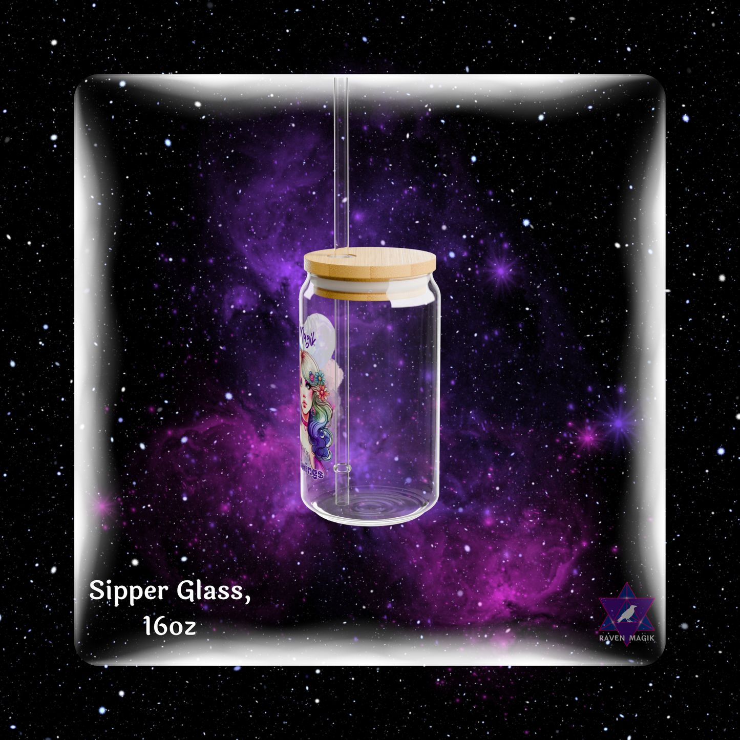 Glass sipper with wooden lid against a starry space background