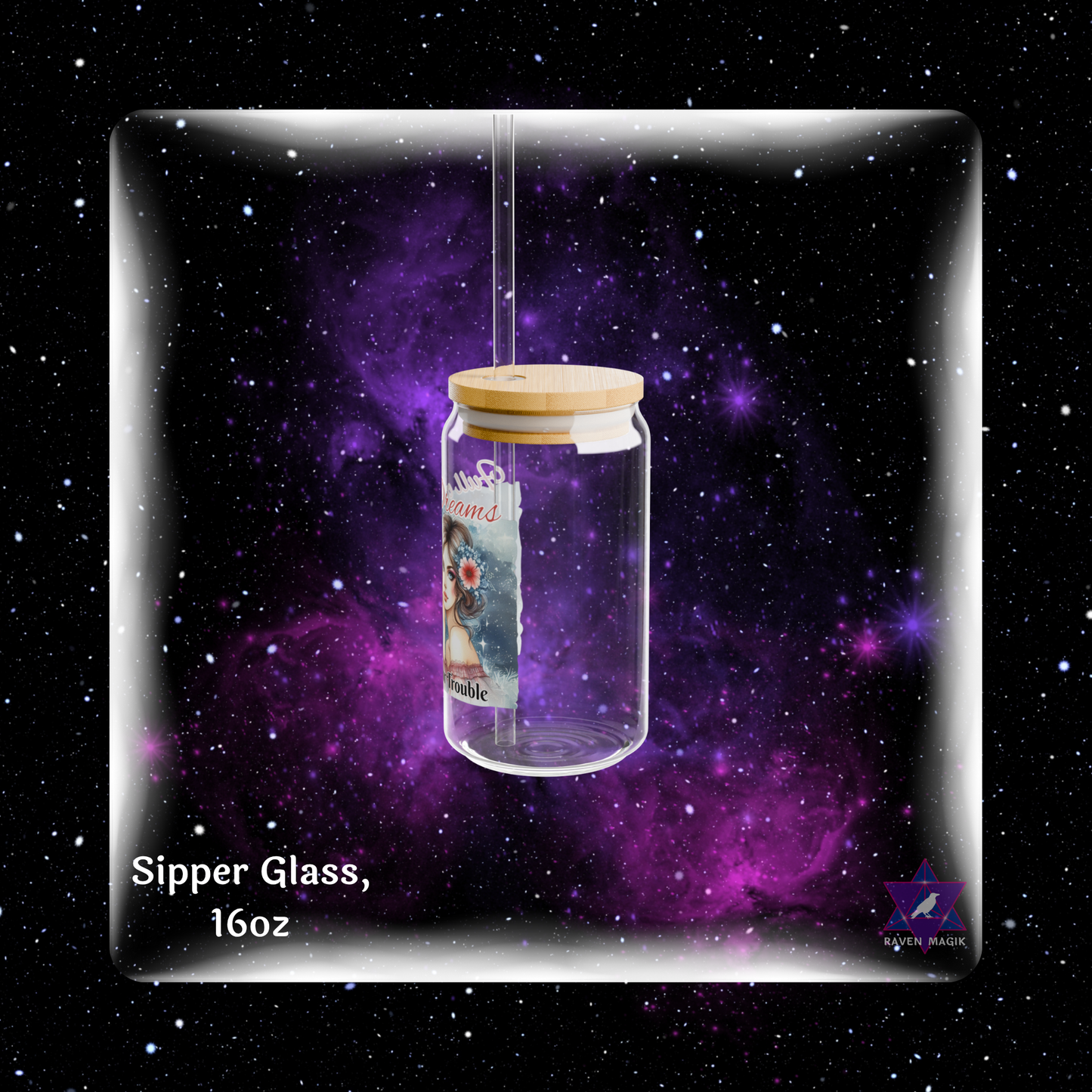 Glass sipper with wooden lid on a starry space background