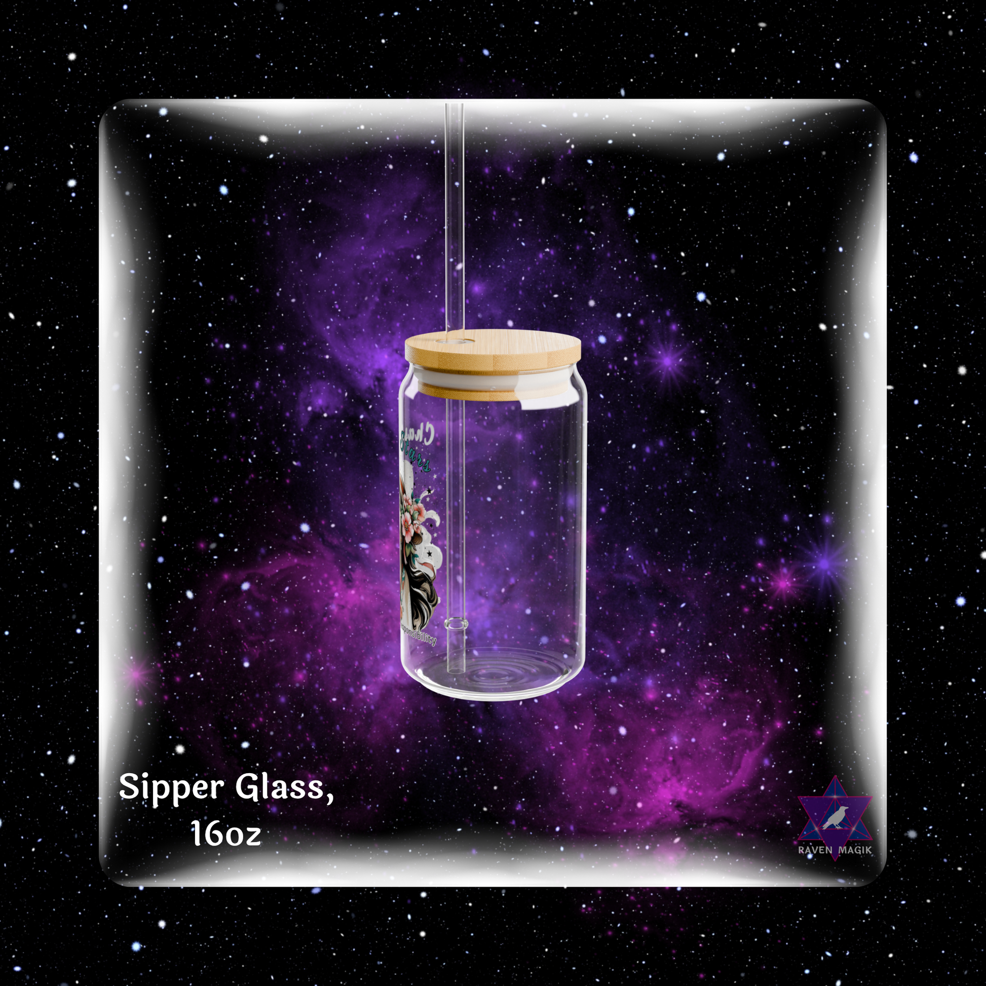 Glass sipper with wooden lid against a starry space background