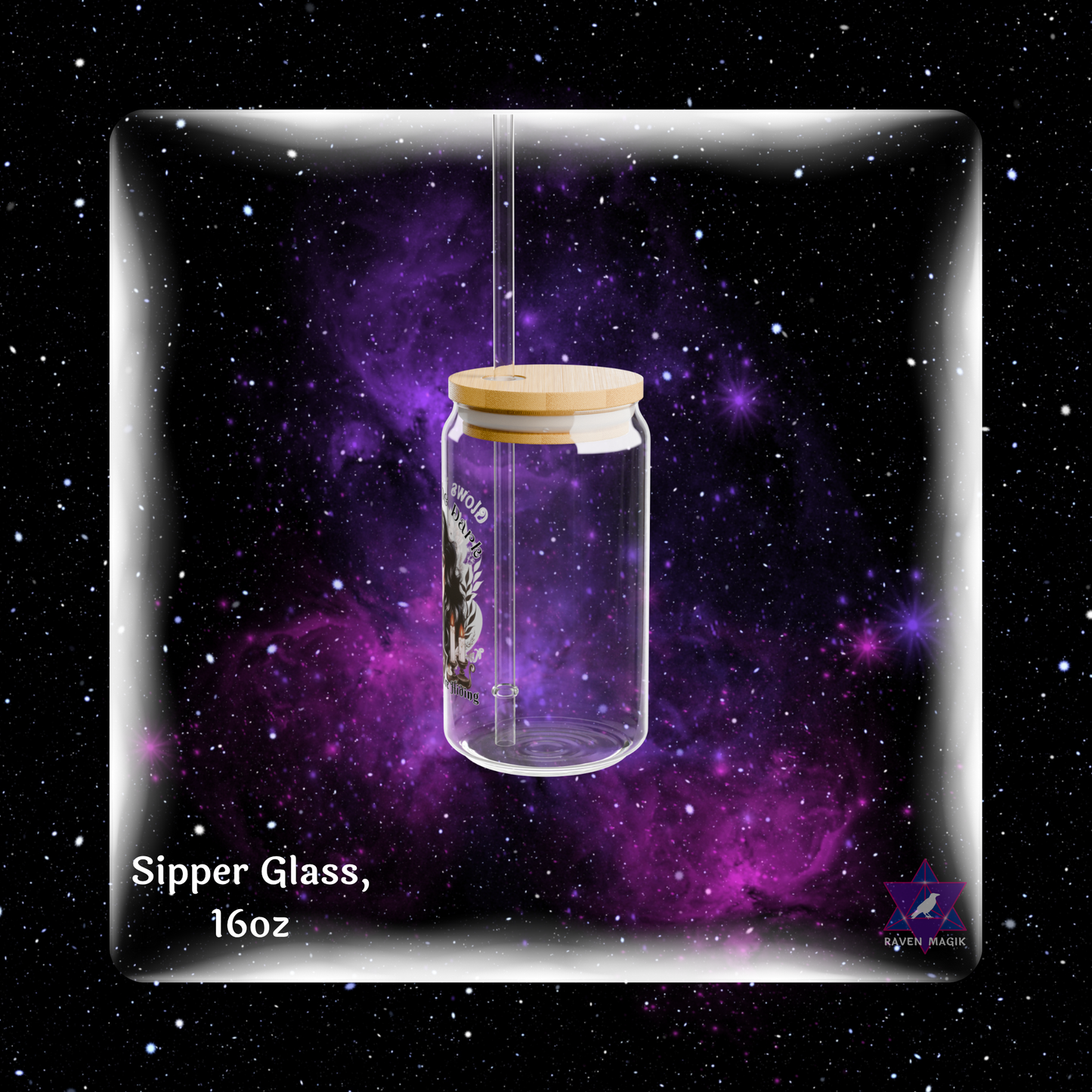 Glass sipper with wooden lid against a starry space-themed background