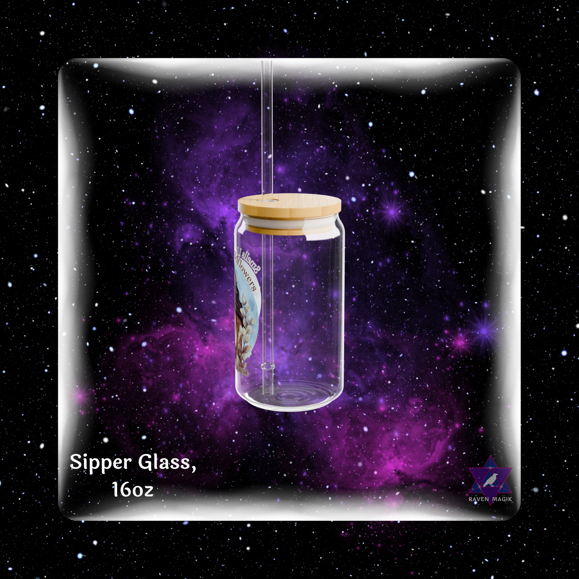 Glass sipper with wooden lid against a starry space background