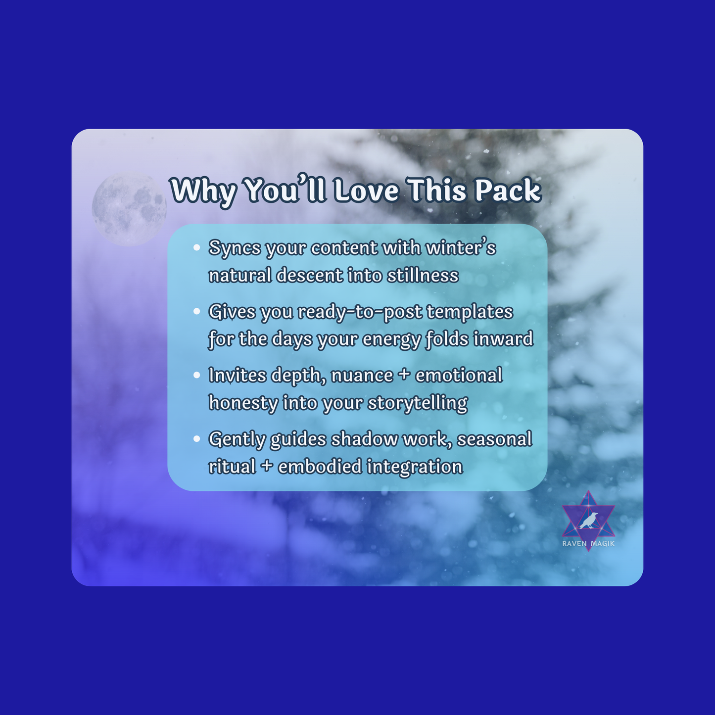 Promotional text overlay on a blue background with winter scenery