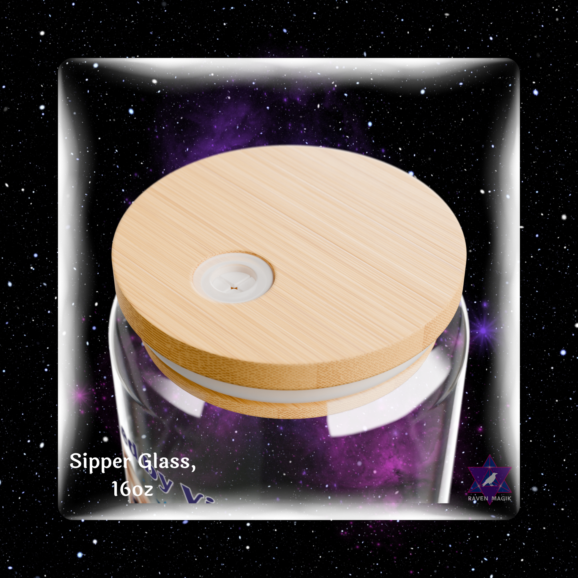 Glass container with wooden lid on a starry background