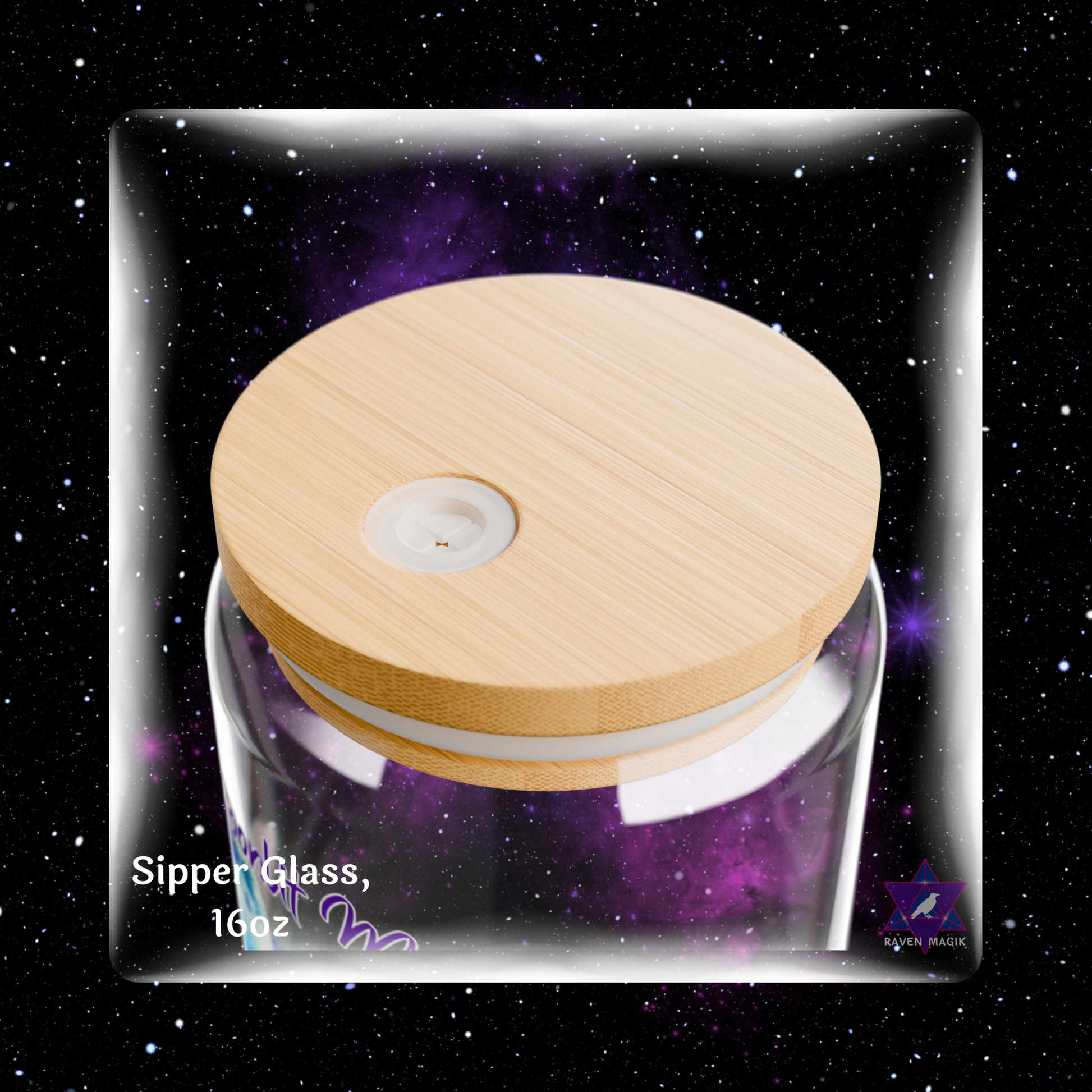Glass container with wooden lid on a starry background
