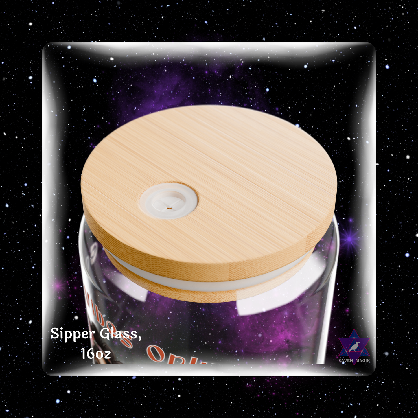 Glass sipper with wooden lid on a starry background