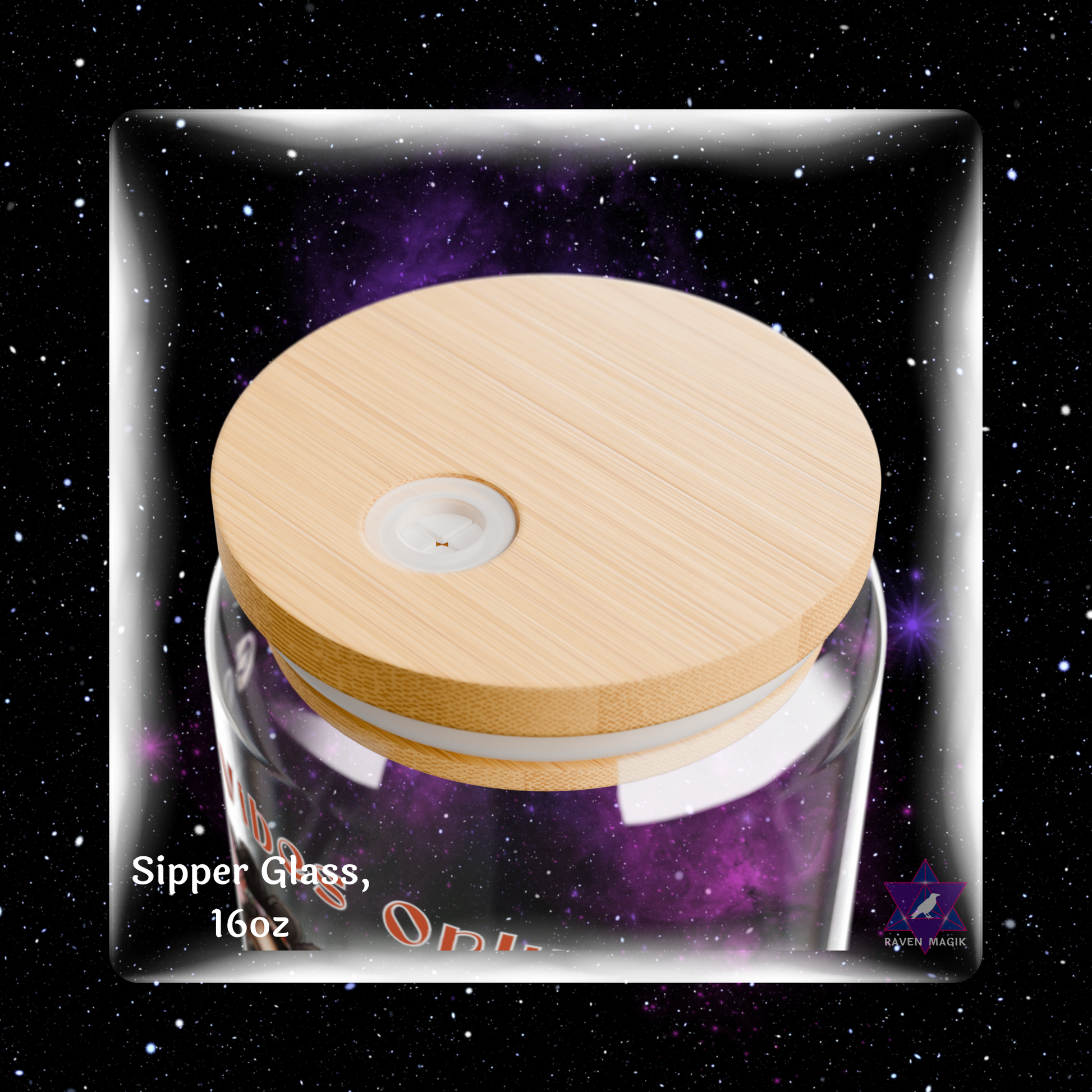 Glass sipper with wooden lid on a starry background