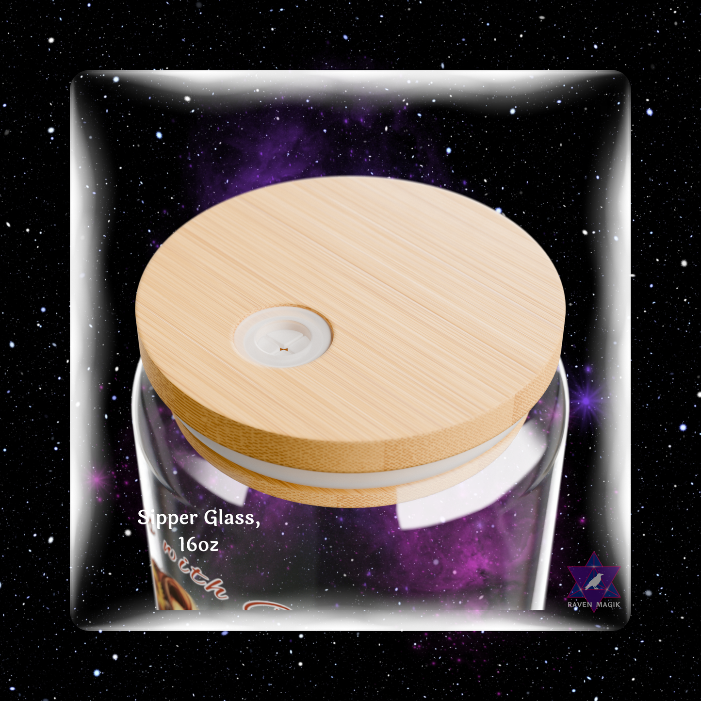 Glass jar with wooden lid on a starry background