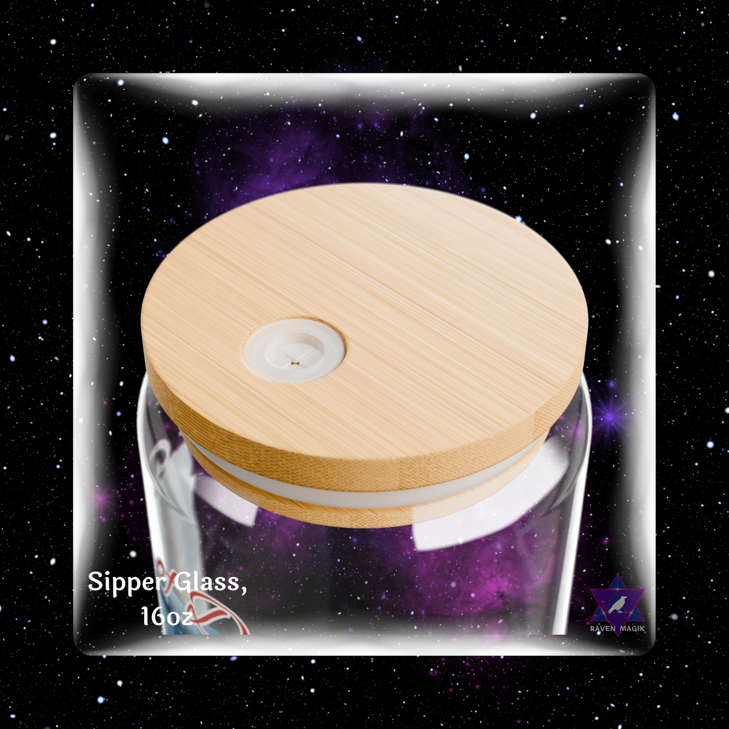 Glass sipping cup with wooden lid against a starry space background