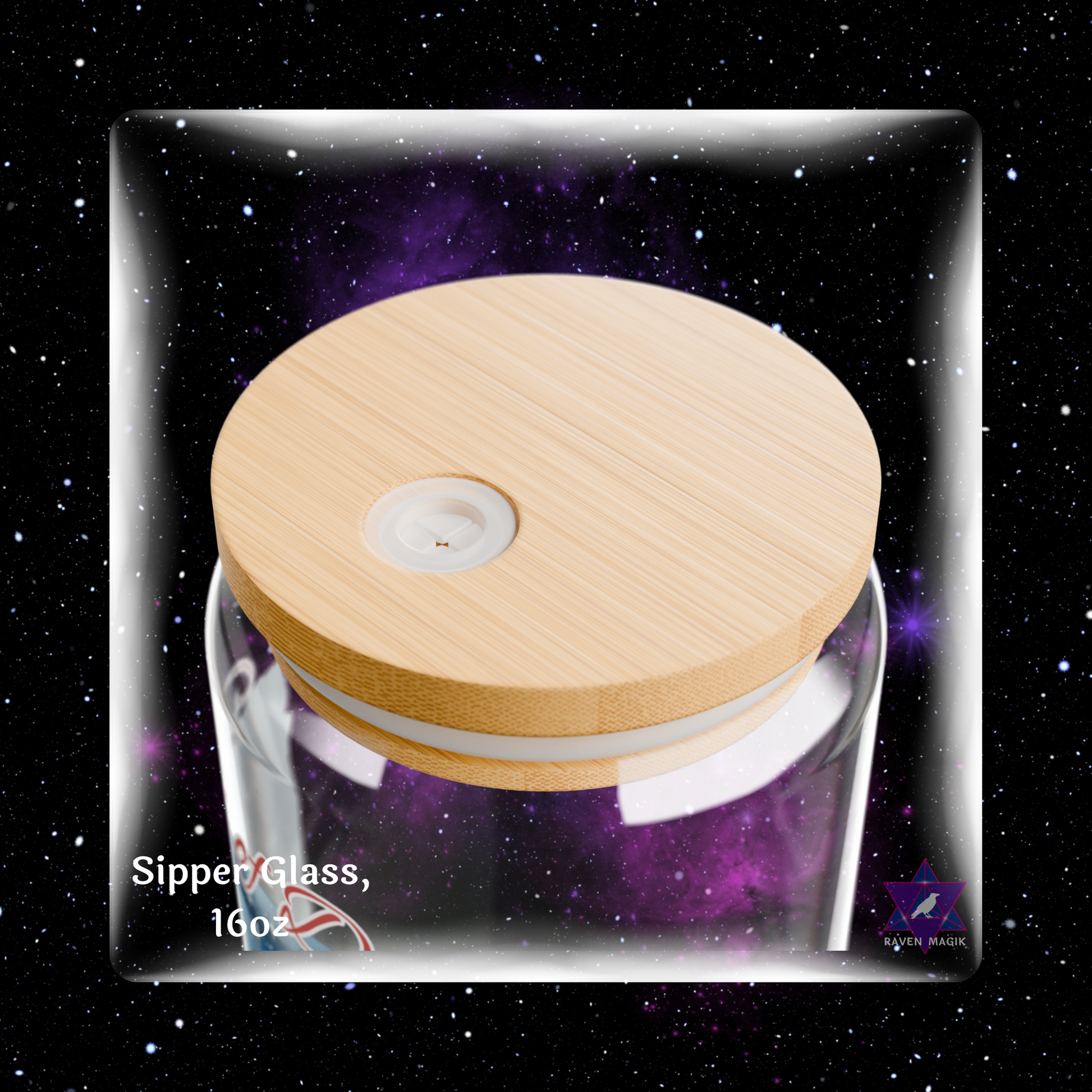 Glass sipping cup with wooden lid against a starry space background