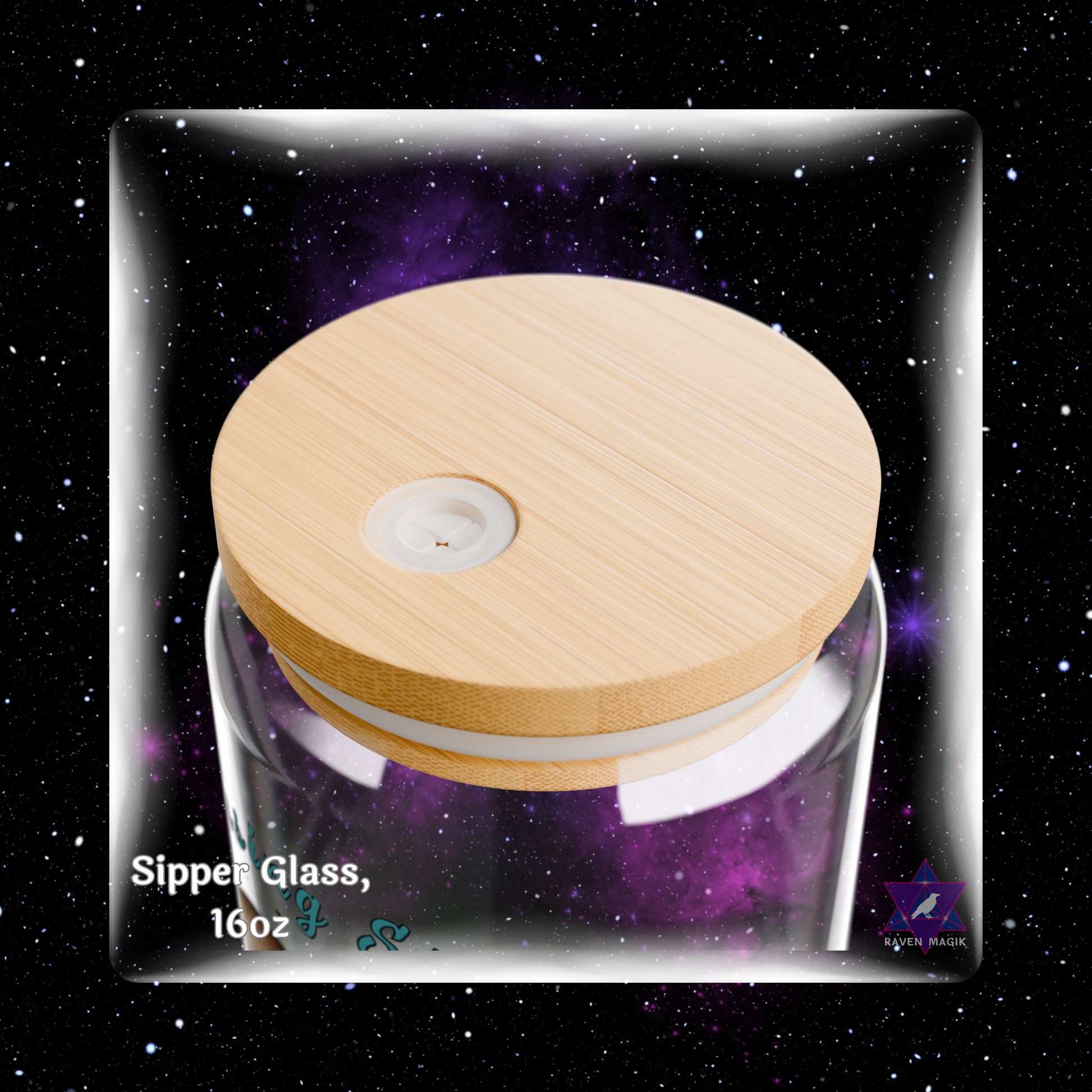 Glass sipping cup with wooden lid on a starry background