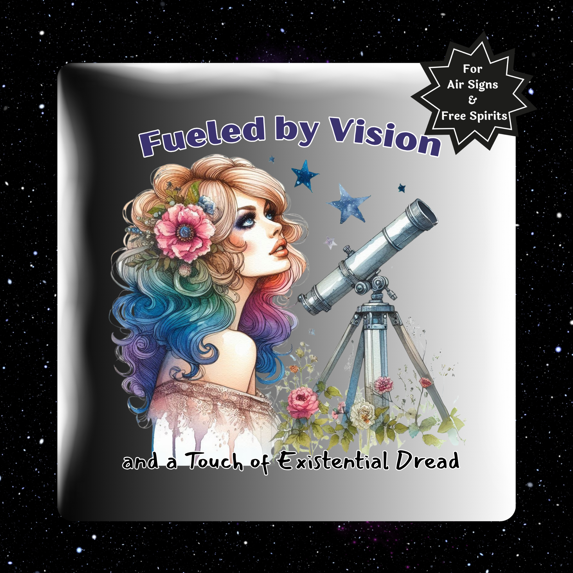 Graphic art with a woman's face, flowers, and a telescope against a starry background.