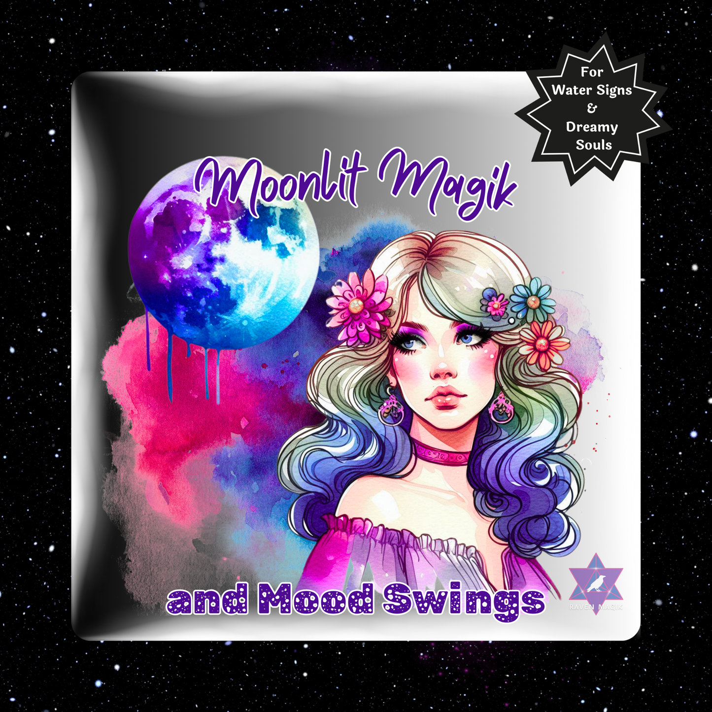 Graphic art with a colorful design of a woman with flowers in her hair and a moonlit magik label.