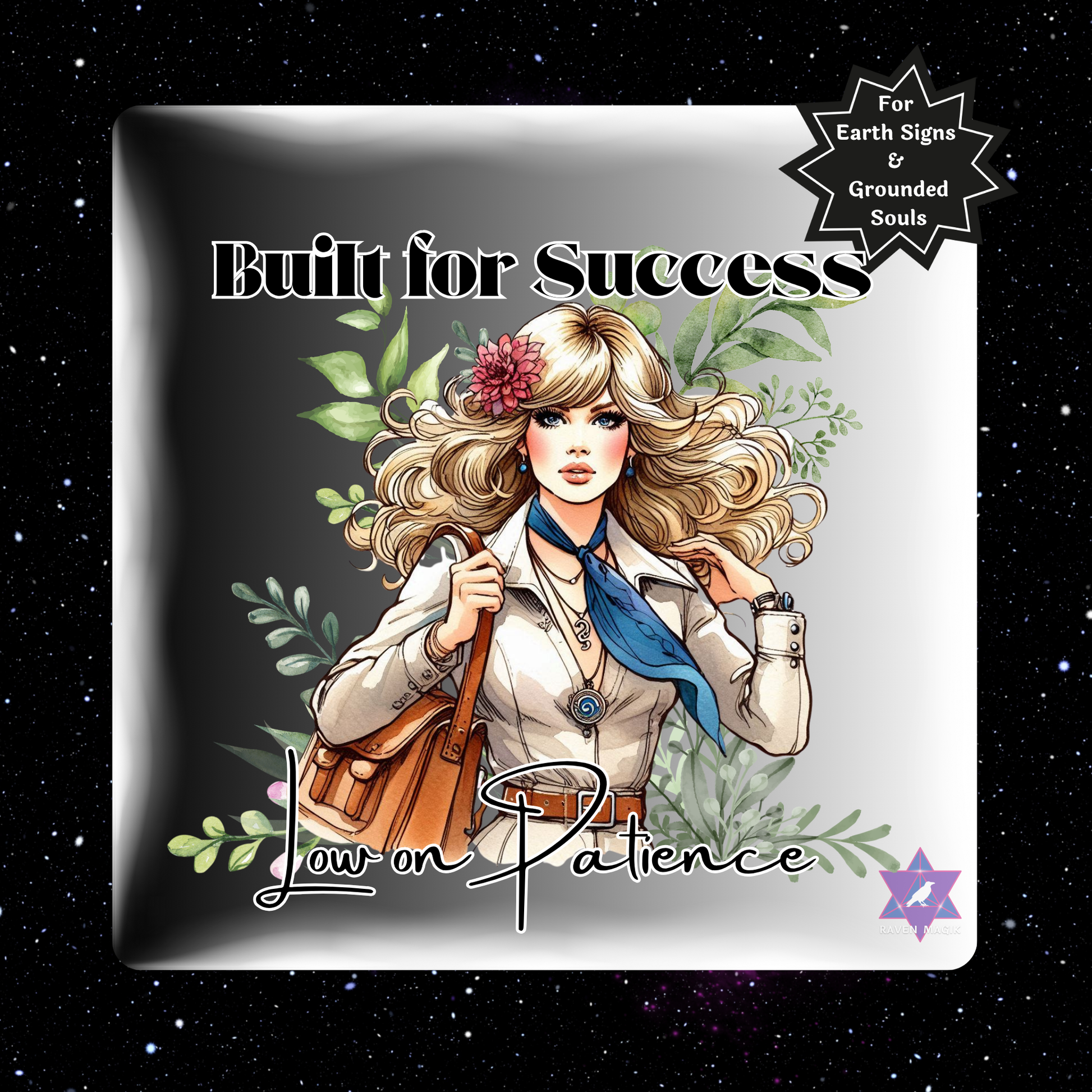 Graphic art with an illustration of a woman, text 'Built for Success, Low on Patience', and decorative elements on a starry background.