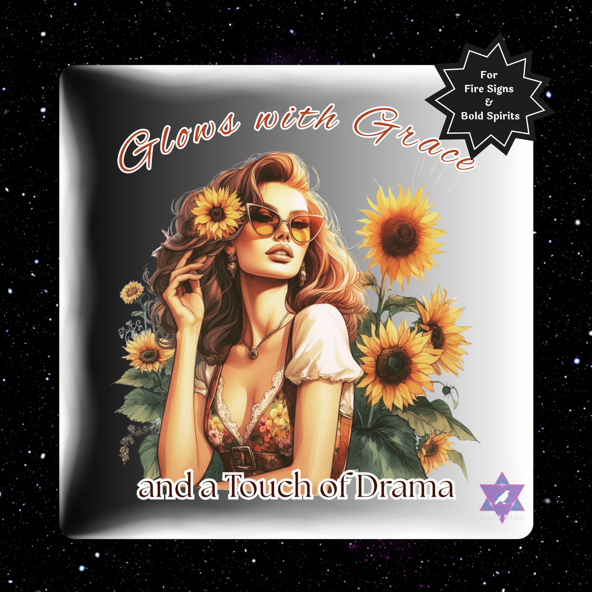 Graphic art with a woman surrounded by sunflowers and text on a starry background