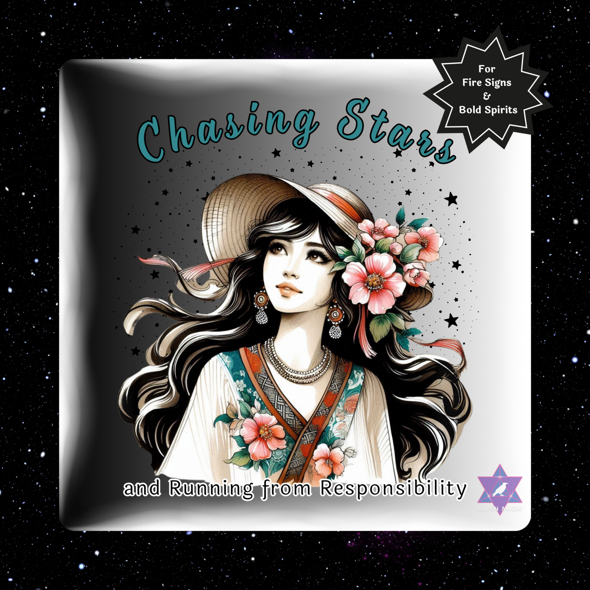Graphic art with an illustration of a woman with flowers in her hair and text 'Chasing Stars and Running from Responsibility' on a starry background.