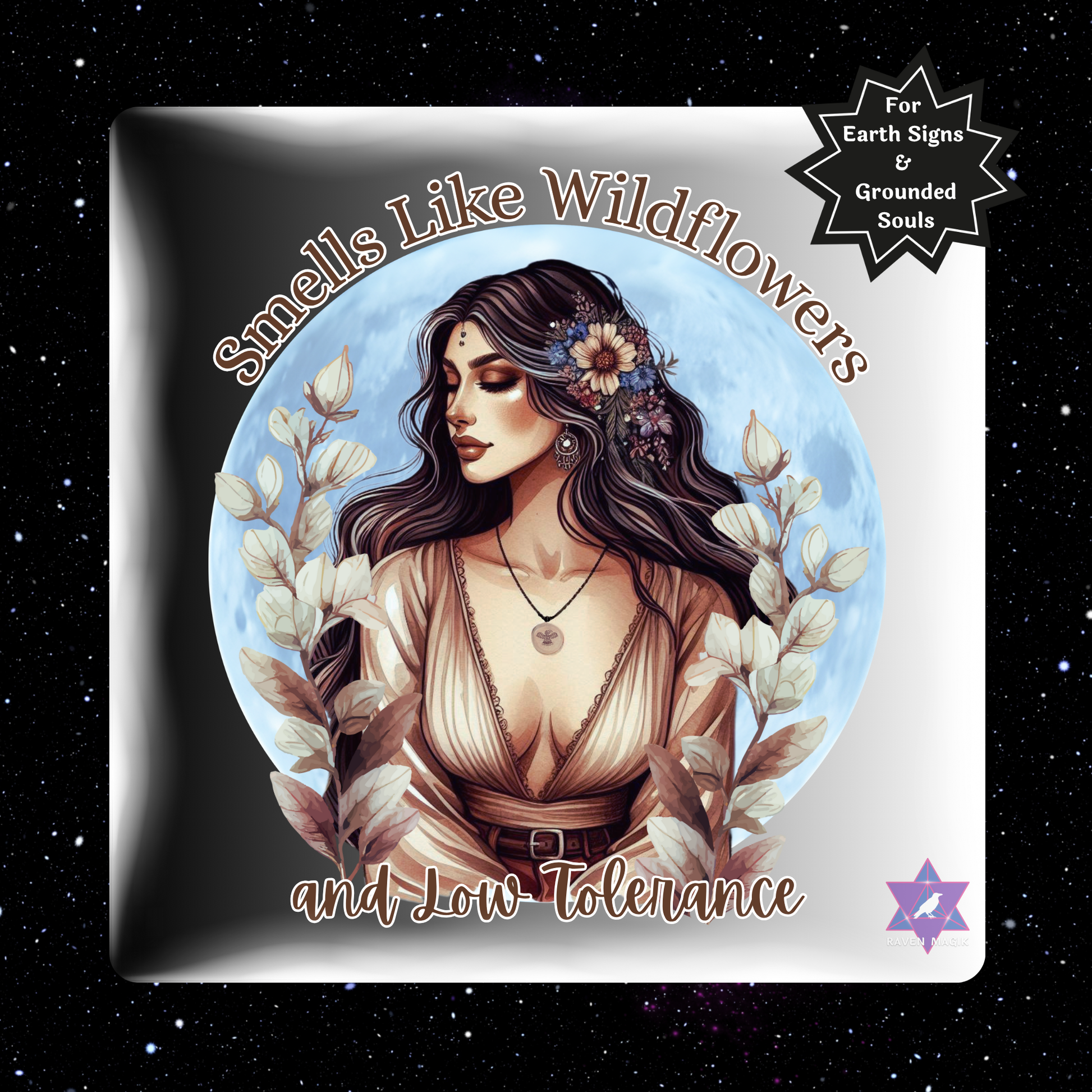 Graphic Art with an illustration of a woman surrounded by flowers and text on a starry background.