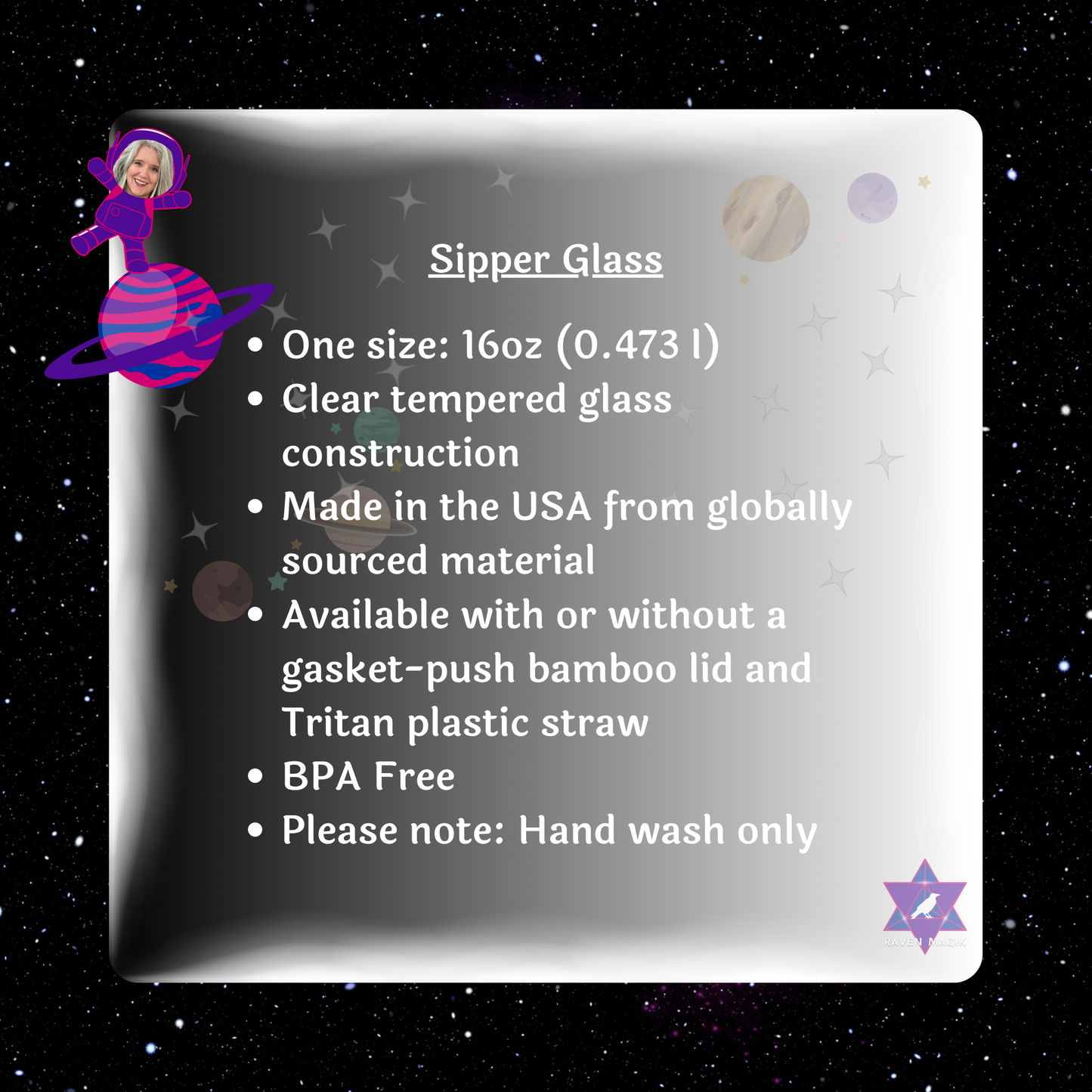Product packaging with text about Sipper Glass on a starry background