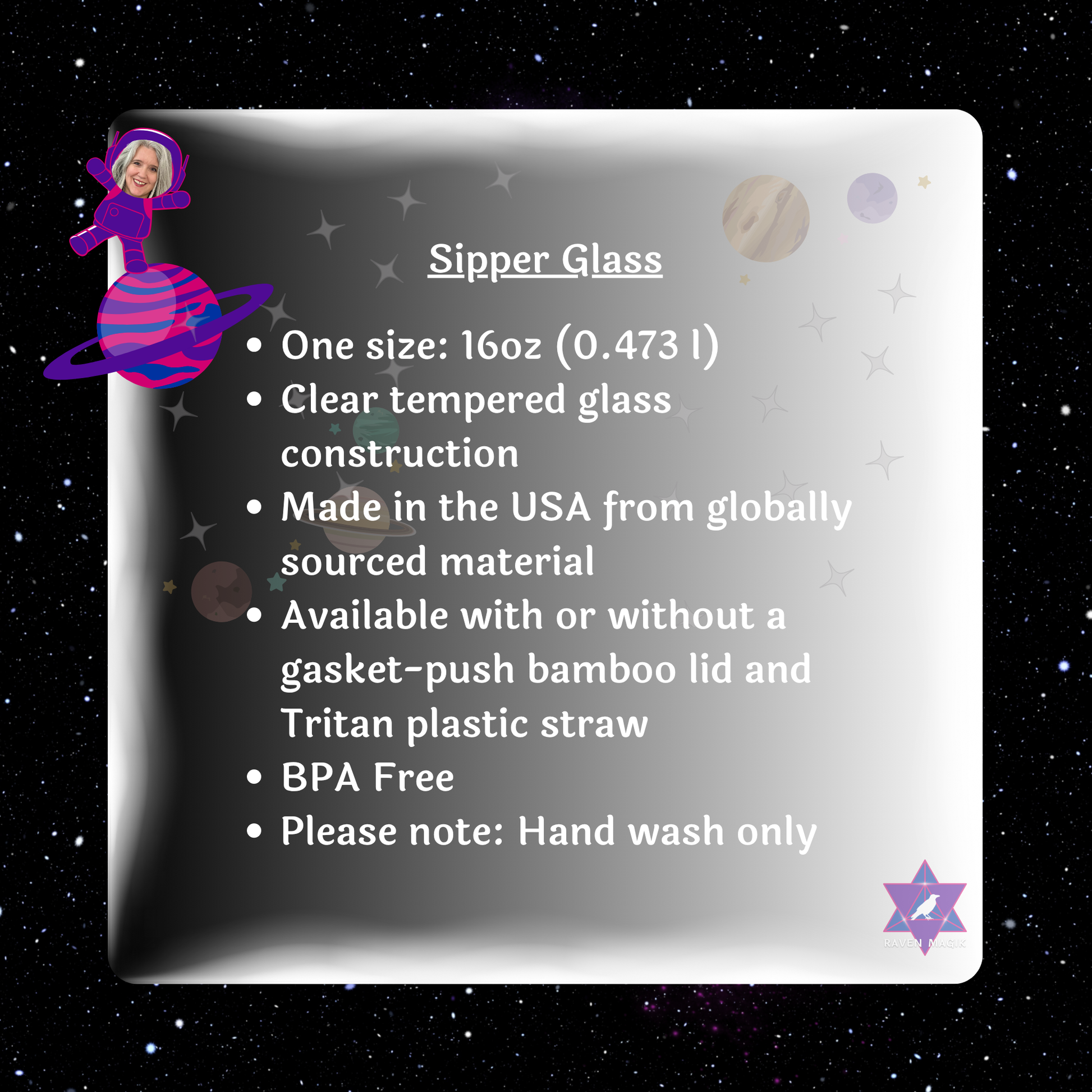 Product description card for a sipper glass with text details on a starry space-themed background.