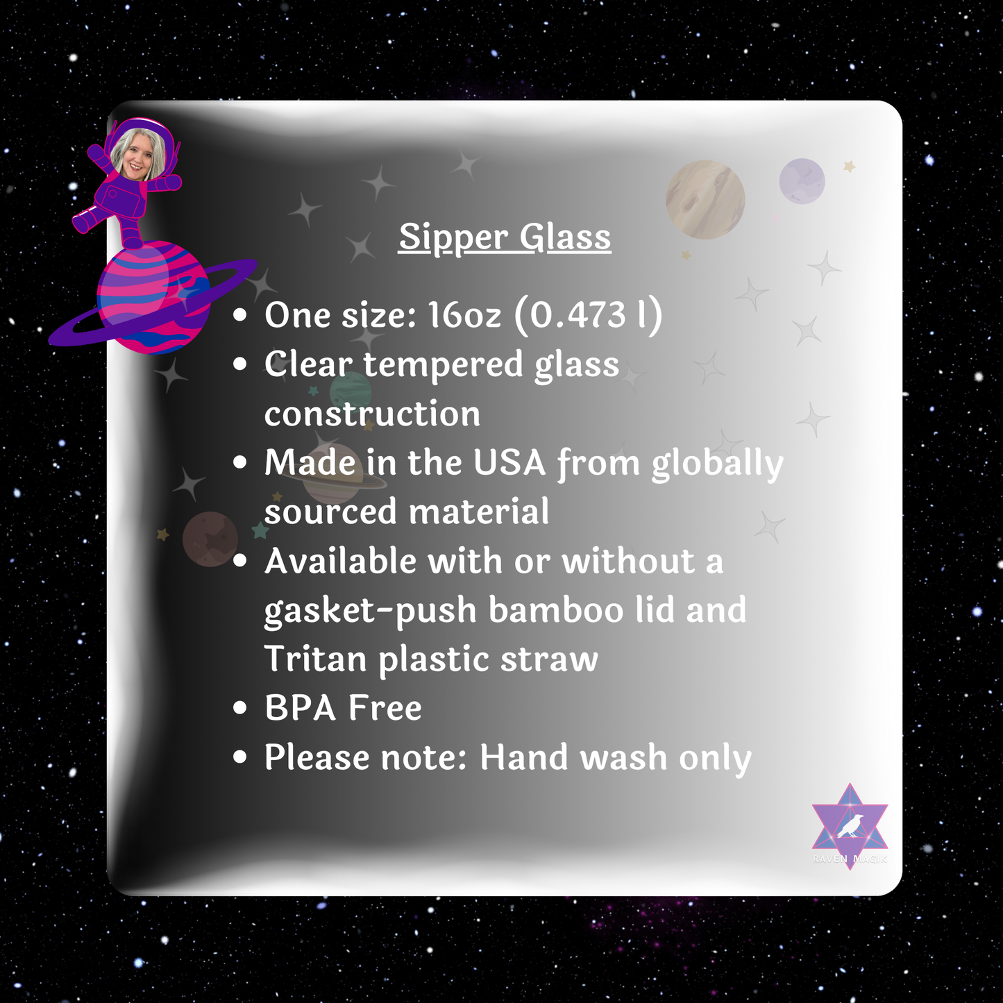 Sipper Glass product description card with text and graphics on a starry background