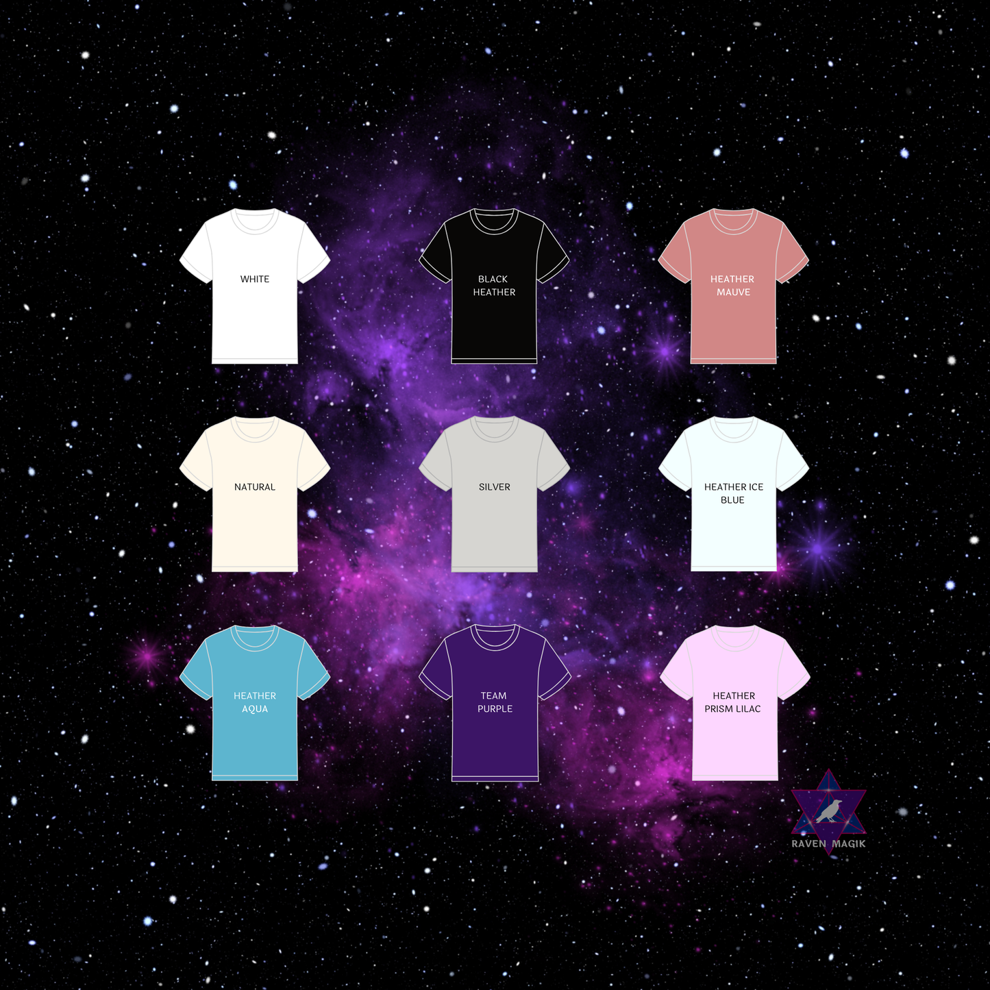 Collection of t-shirts with color options on a starry space background