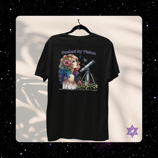 Aquarius Archetype T-shirt with “Fueled by Vision and Existential Dread” slogan, styled for eccentric, future-forward energy and emotionally unavailable charm.