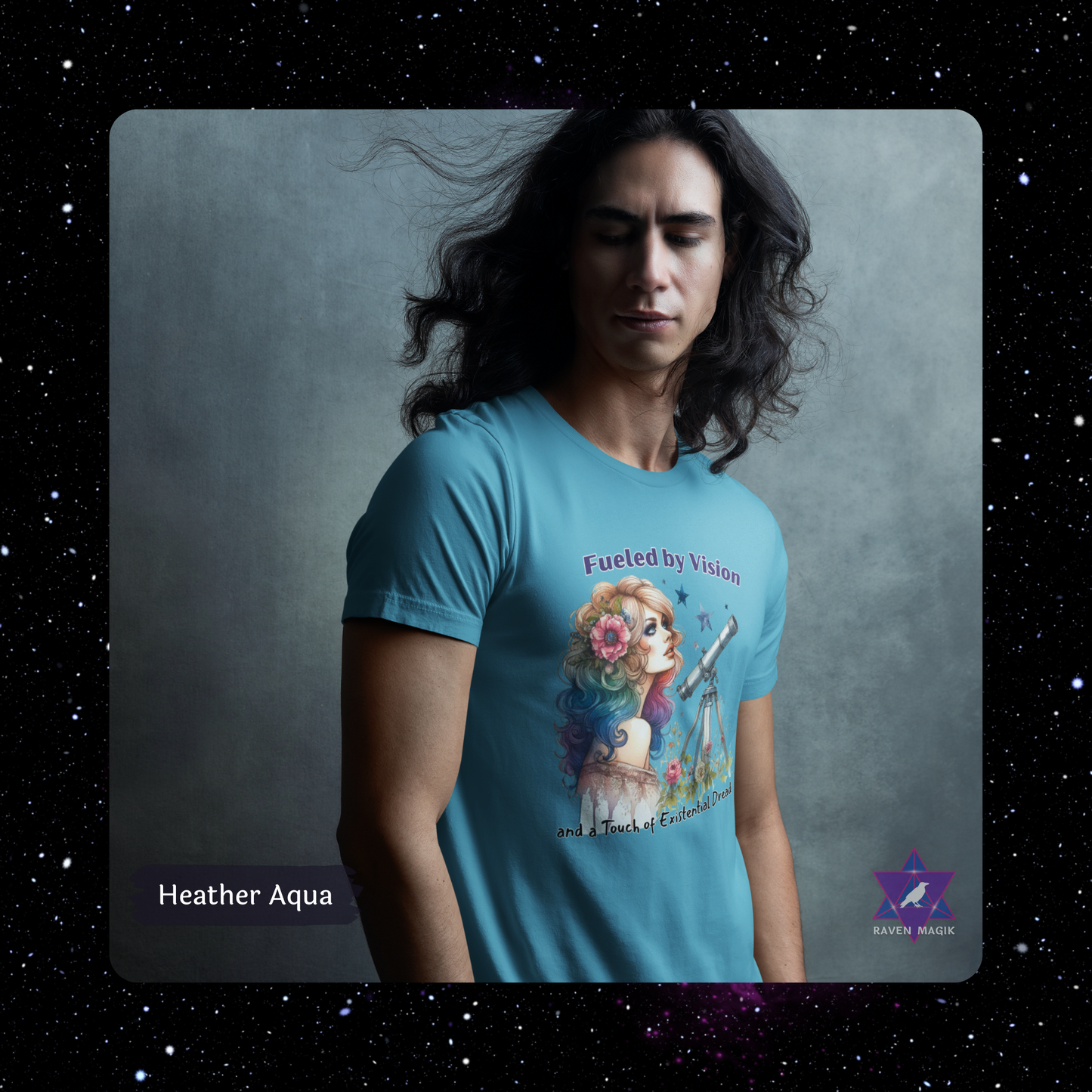 Person wearing a blue t-shirt with a graphic design and text, against a dark background. Aquarius Archetype T-shirt with “Fueled by Vision and Existential Dread” slogan, styled for eccentric, future-forward energy and emotionally unavailable charm.