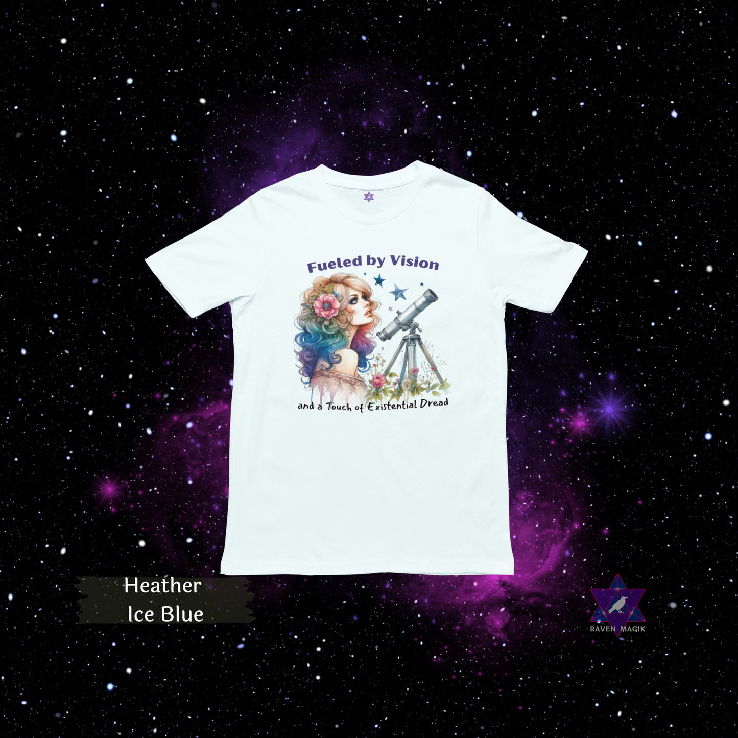 White t-shirt with a graphic design of a girl with a telescope against a starry space background. Aquarius Archetype T-shirt with “Fueled by Vision and Existential Dread” slogan, styled for eccentric, future-forward energy and emotionally unavailable charm.