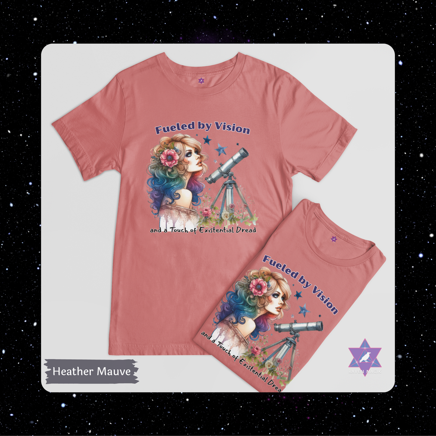Aquarius Archetype T-shirt with “Fueled by Vision and Existential Dread” slogan, styled for eccentric, future-forward energy and emotionally unavailable charm.