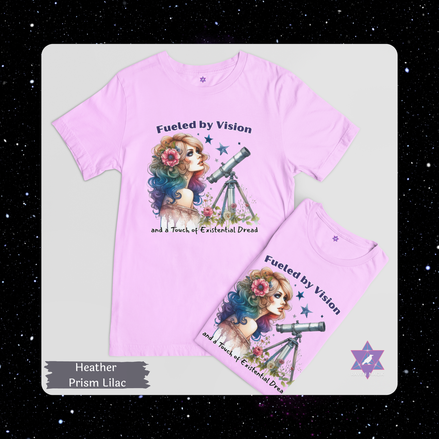 Aquarius Archetype T-shirt with “Fueled by Vision and Existential Dread” slogan, styled for eccentric, future-forward energy and emotionally unavailable charm.