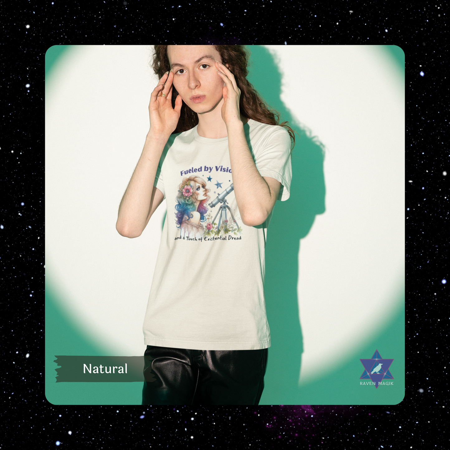 Person wearing a t-shirt with a graphic design on a green and white background. Aquarius Archetype T-shirt with “Fueled by Vision and Existential Dread” slogan, styled for eccentric, future-forward energy and emotionally unavailable charm.