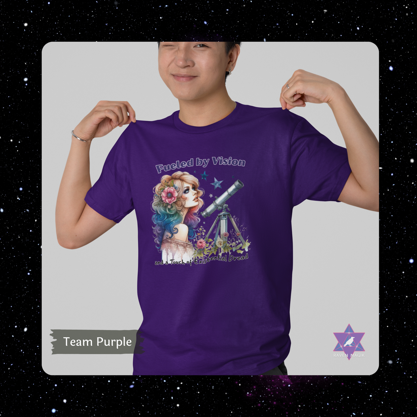 Person wearing a purple t-shirt with a graphic design and text, against a starry space-themed background. Aquarius Archetype T-shirt with “Fueled by Vision and Existential Dread” slogan, styled for eccentric, future-forward energy and emotionally unavailable charm.