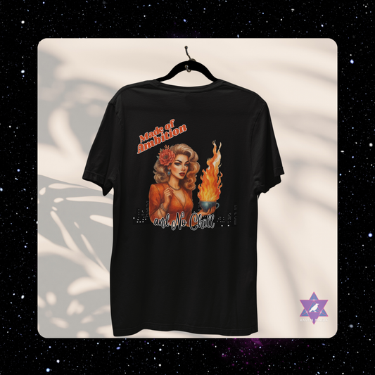 Black t-shirt with graphic design of a woman and text on a white background. Aries Archetype T-shirt with “Made of Ambition and No Chill” slogan, styled for bold, driven energy and trailblazing spirits.