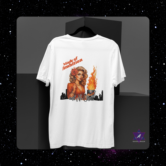 Aries Zodiac T-shirt in bold graphic style, featuring “Made of Ambition and No Chill” slogan for fiery, unapologetic energy.