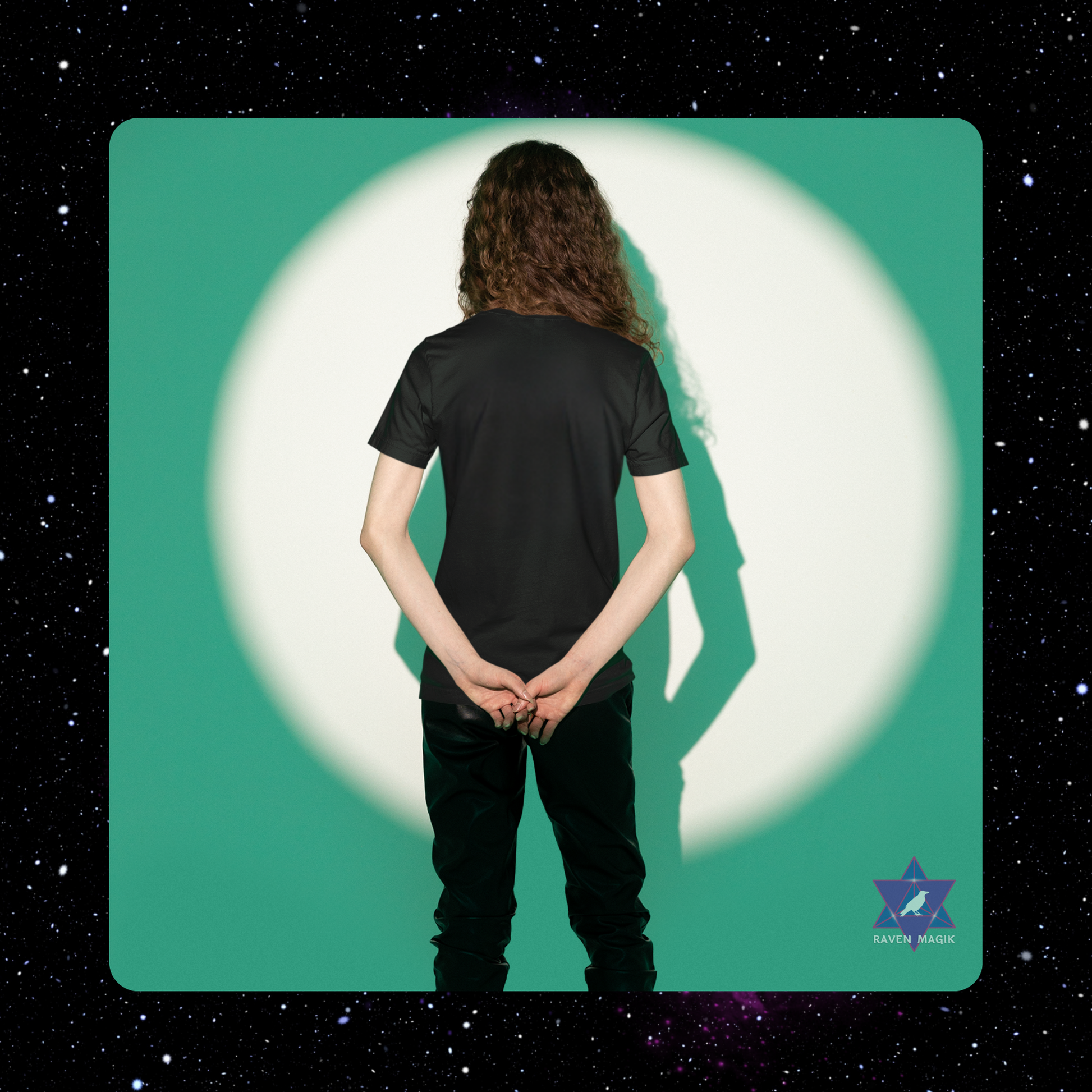 Person wearing a black t-shirt and pants standing in front of a white circle on a teal background with a starry night sky.