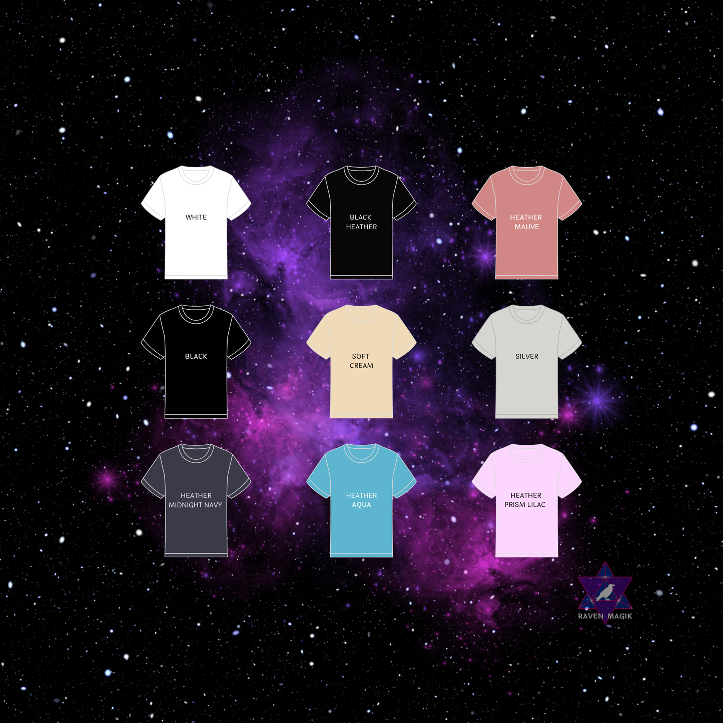 Collection of t-shirts in various colors on a starry space background
