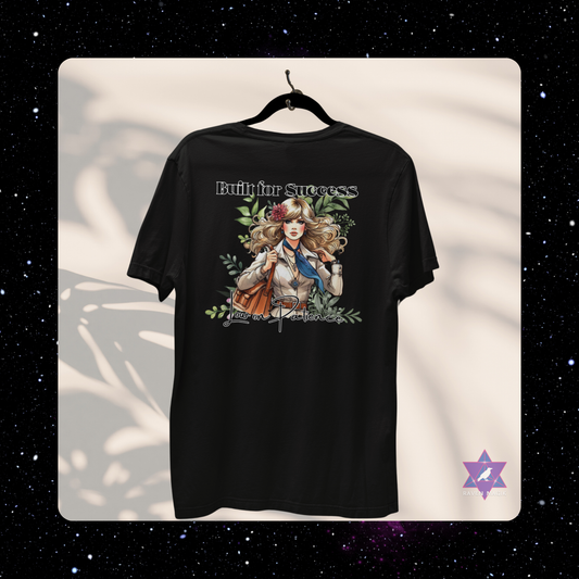 Black t-shirt with a graphic design of a woman and text on a white background. Capricorn Archetype T-shirt with “Built for Success and Low on Patience” slogan, styled for ambitious, efficient energy and unapologetic drive.